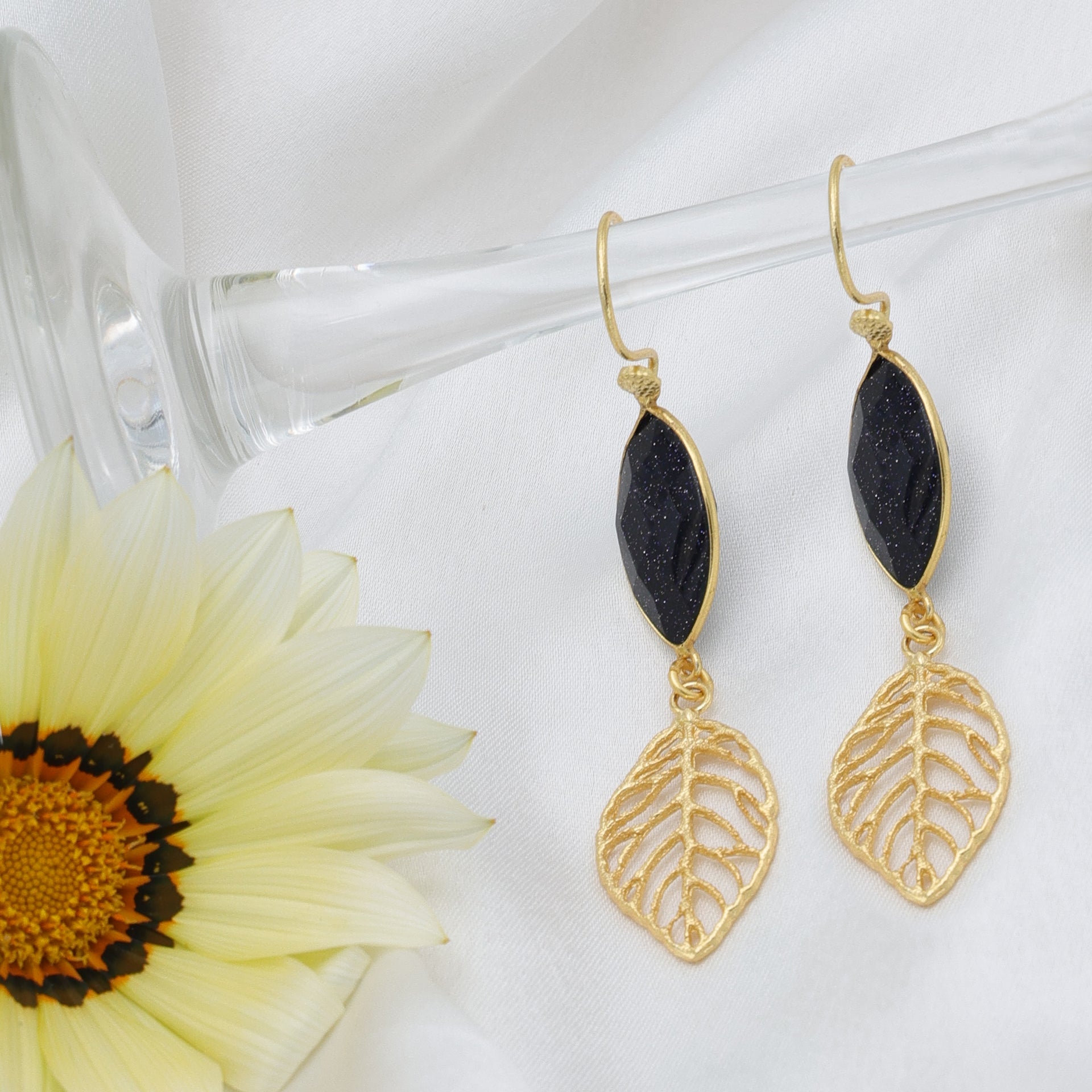 DuaBlueSunstoneLeafEarringsGoldPlatedHandmadeJewelryforWomen