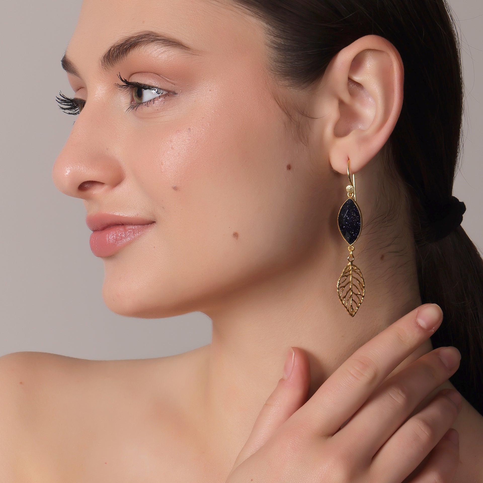 DuaBlueSunstoneLeafEarringsGoldPlatedHandmadeJewelryforWomen