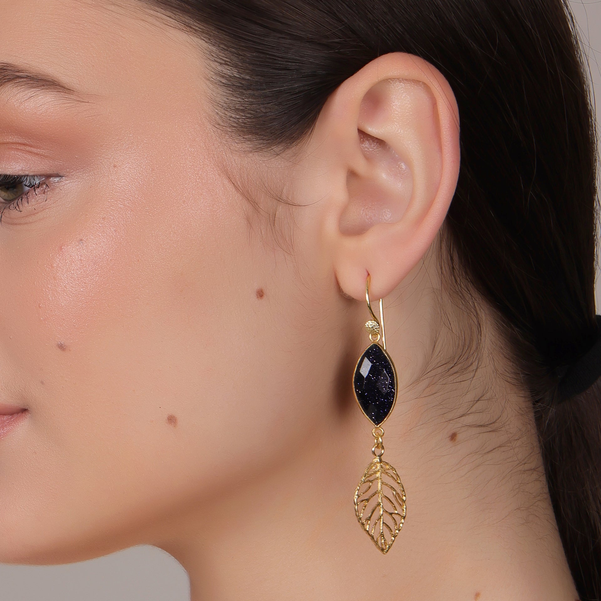 DuaBlueSunstoneLeafEarringsGoldPlatedHandmadeJewelryforWomen