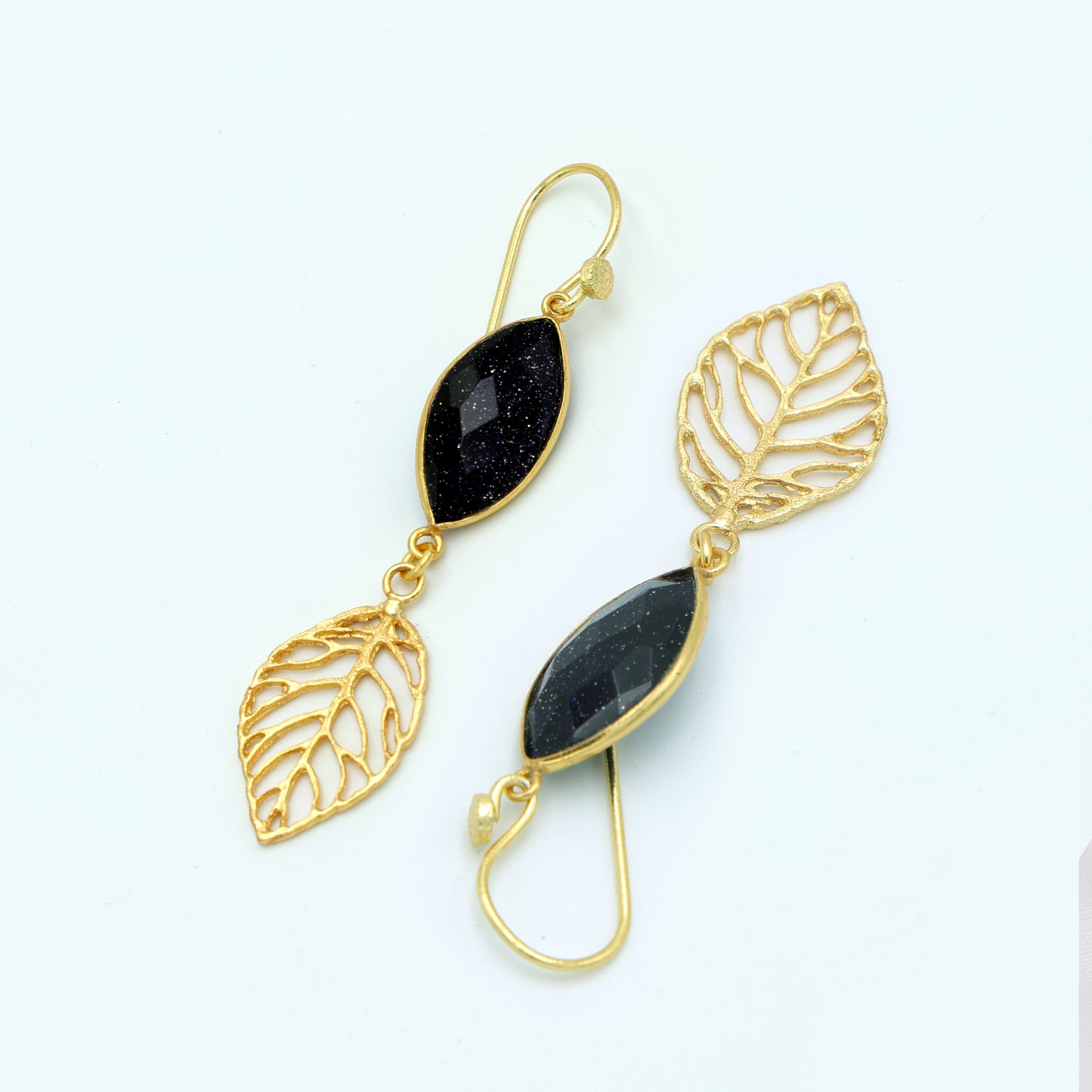 DuaBlueSunstoneLeafEarringsGoldPlatedHandmadeJewelryforWomen