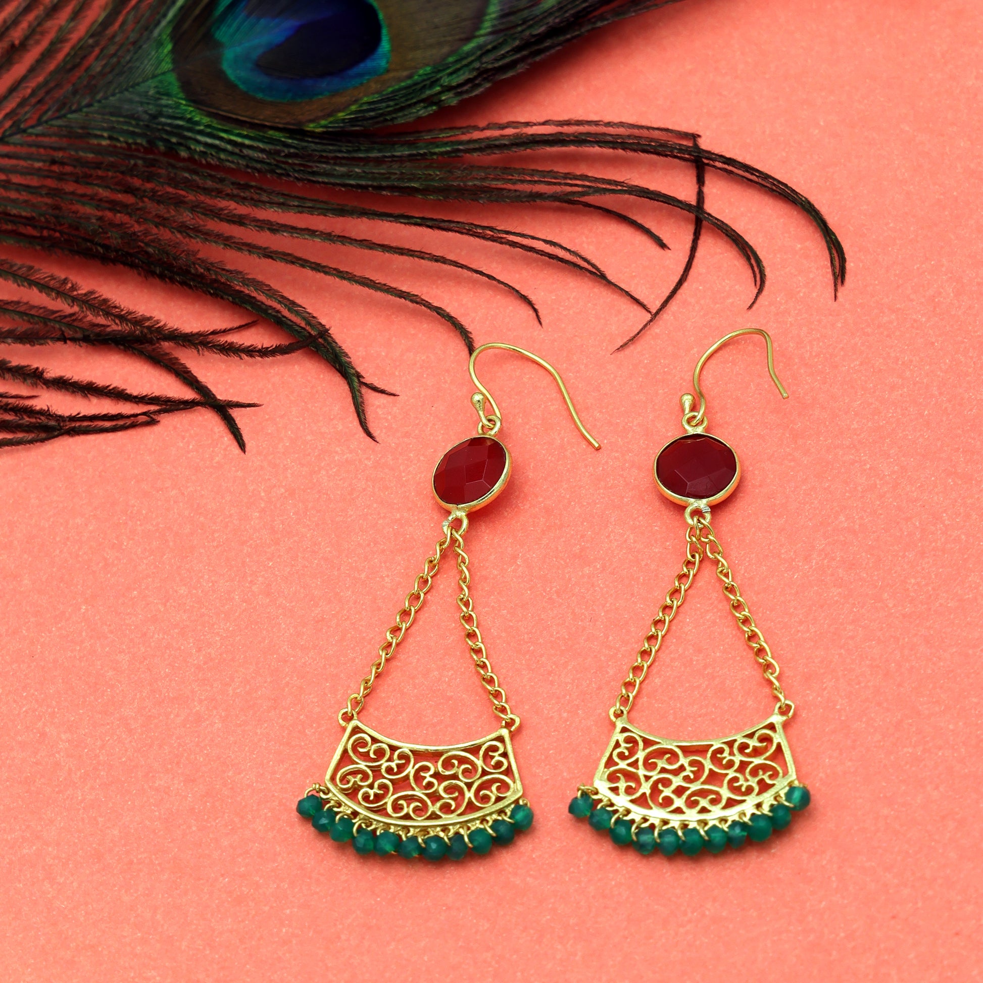 Dua Carnelian Calcydony and Green Onyx Earrings – Gold-Plated Handcrafted Jewelry - Dua Online
