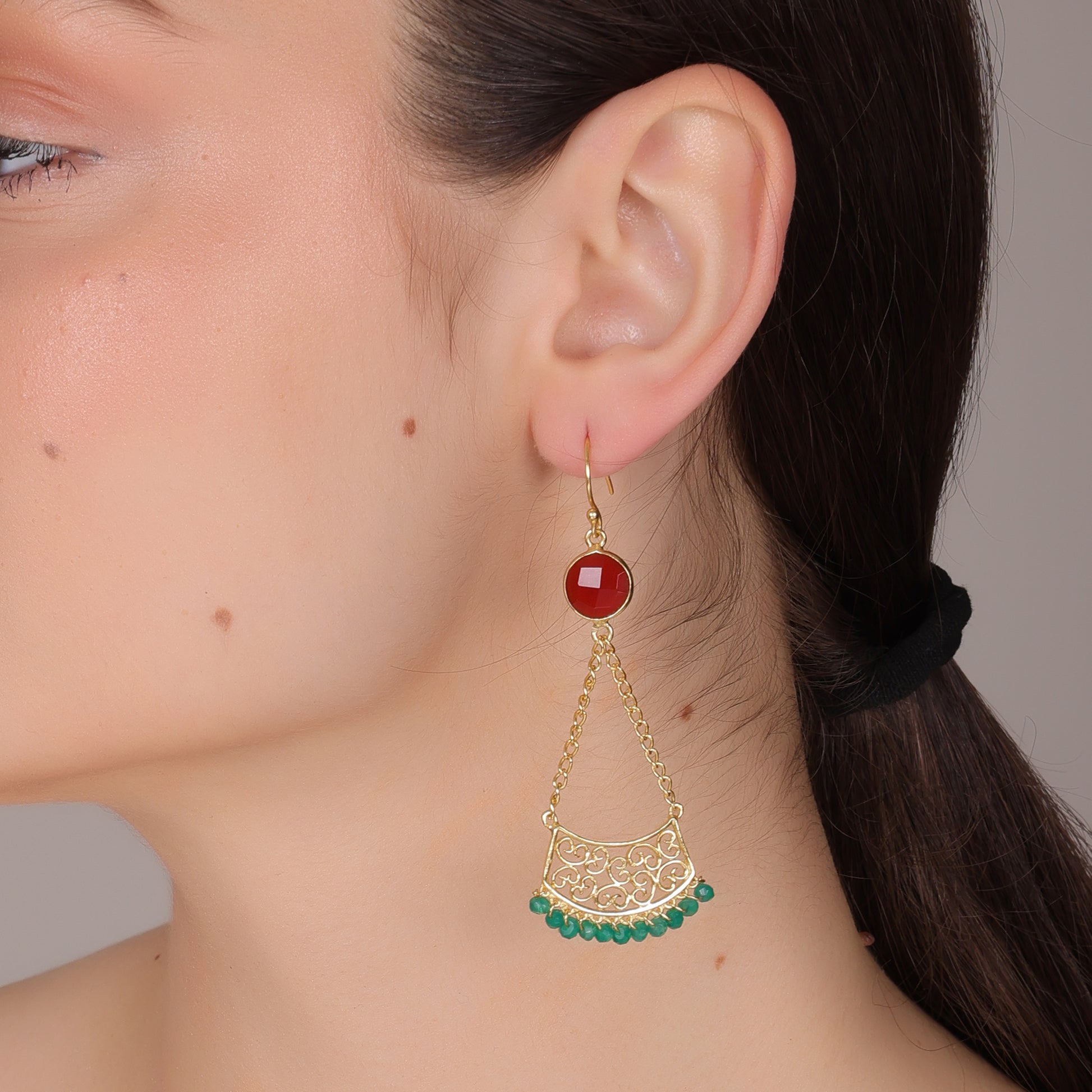 Dua Carnelian Calcydony and Green Onyx Earrings – Gold-Plated Handcrafted Jewelry - Dua Online