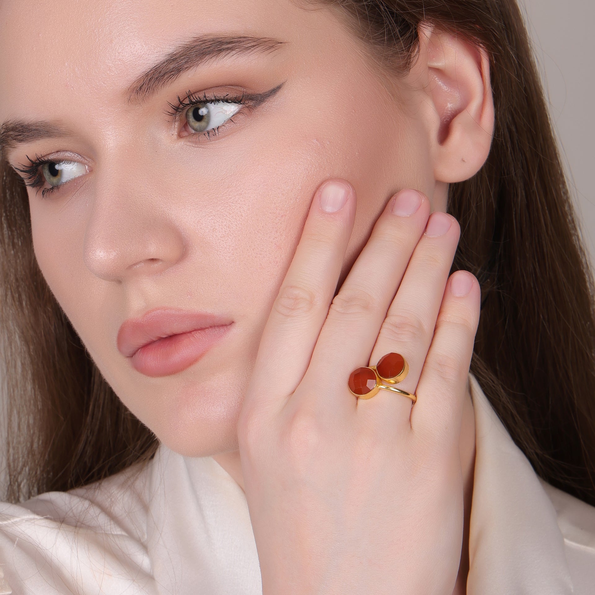 Dua Carnelian Chalcedony Round Ring | Gold Plated Handmade Statement Jewelry