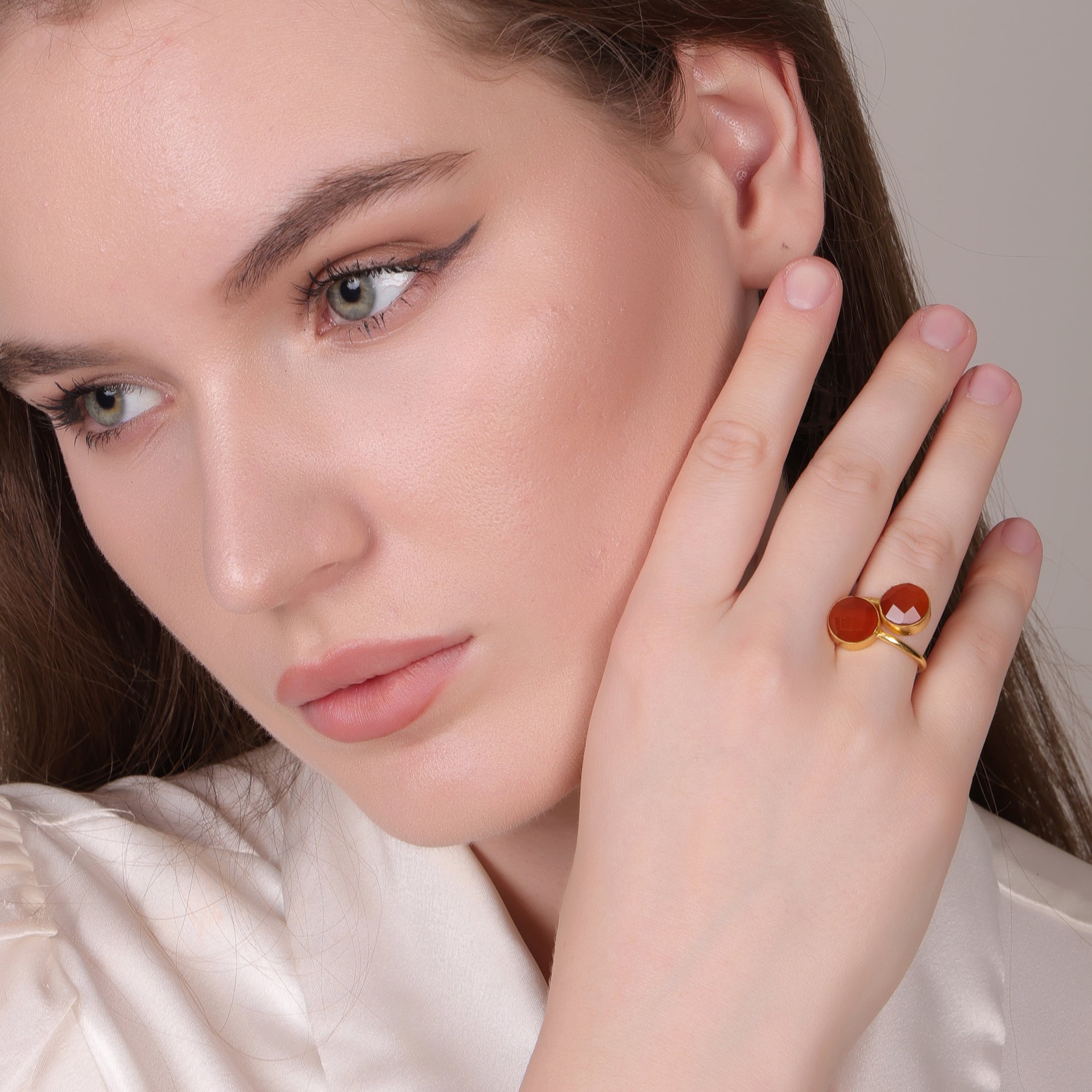 Dua Carnelian Chalcedony Round Ring | Gold Plated Handmade Statement Jewelry