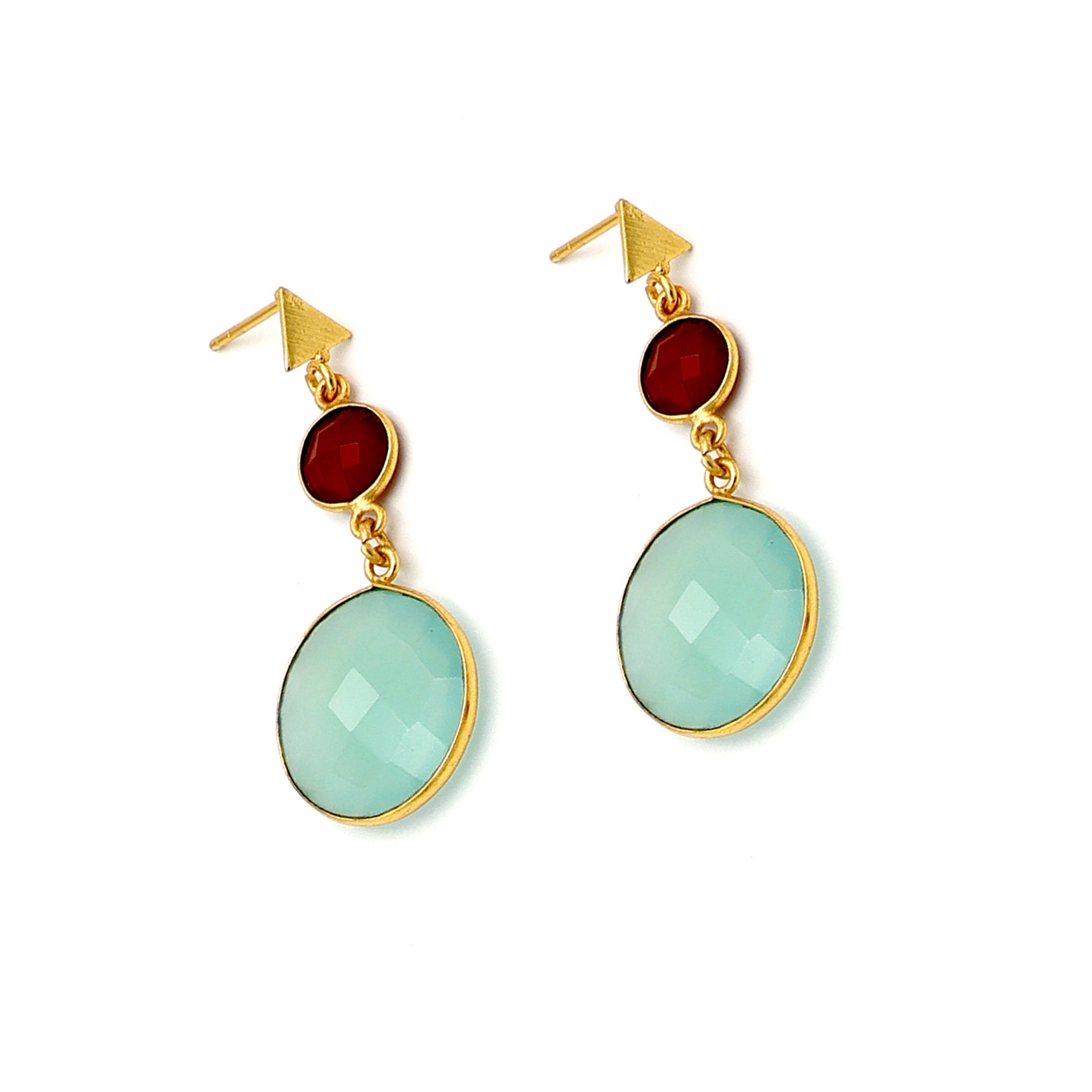 DuaCarnelianChalcedonyandBlueChalcedonyEarrings_HandmadeGold