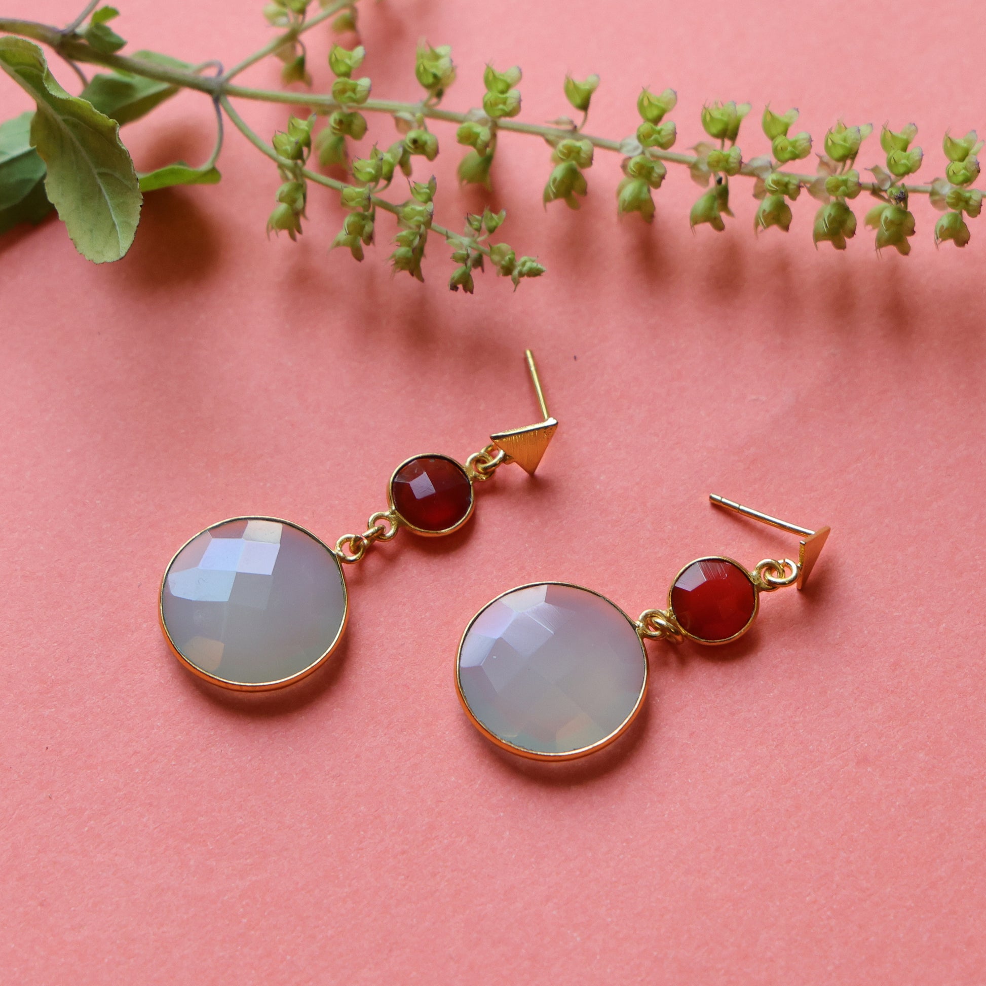DuaCarnelianChalcedonyandBlueChalcedonyEarrings_HandmadeGold-PlatedElegantJewelry