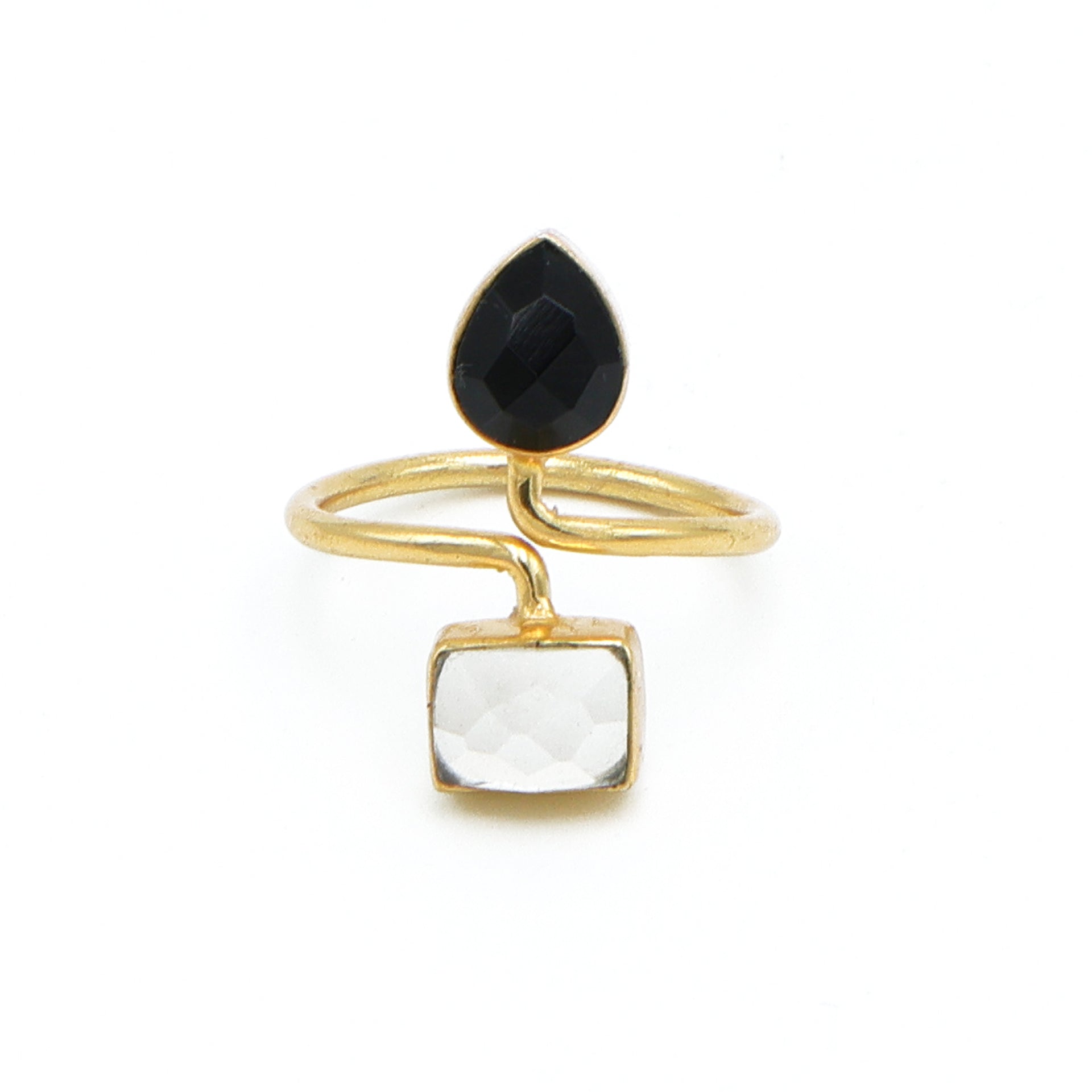 Dua Crystal & Black Onyx Rectangle Pear Ring | Unique Gold Plated Jewelry