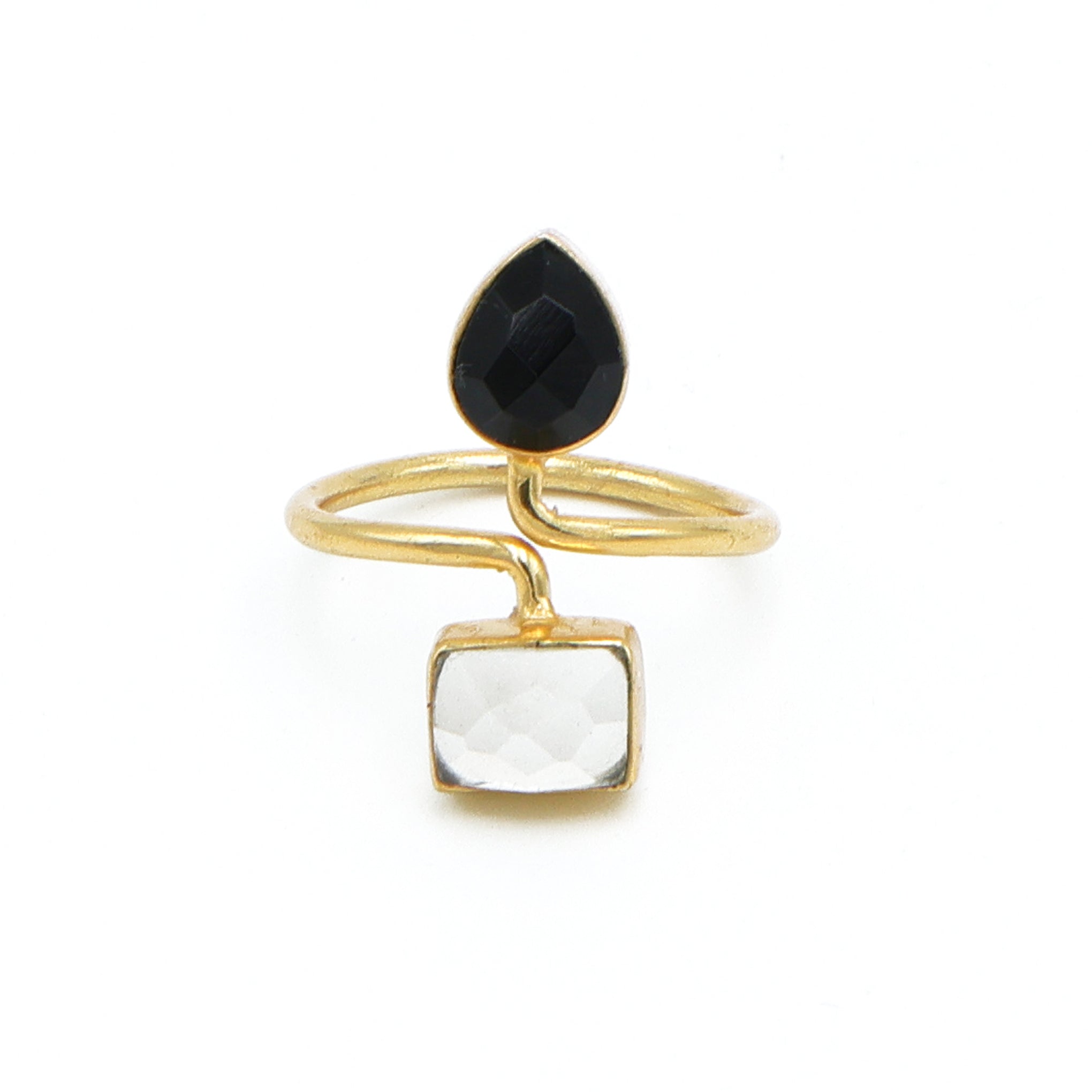Dua Crystal & Black Onyx Rectangle Pear Ring | Unique Gold Plated Jewelry