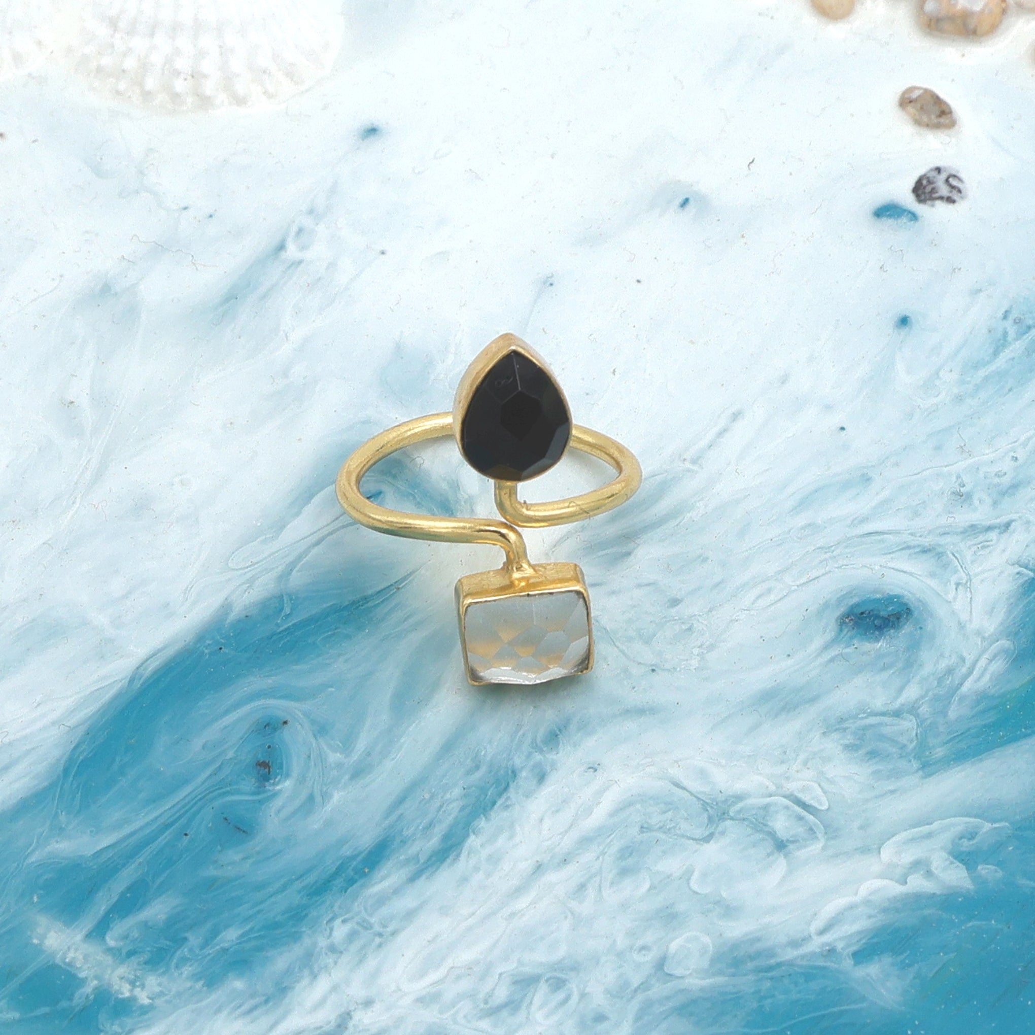 Dua Crystal & Black Onyx Rectangle Pear Ring | Unique Gold Plated Jewelry
