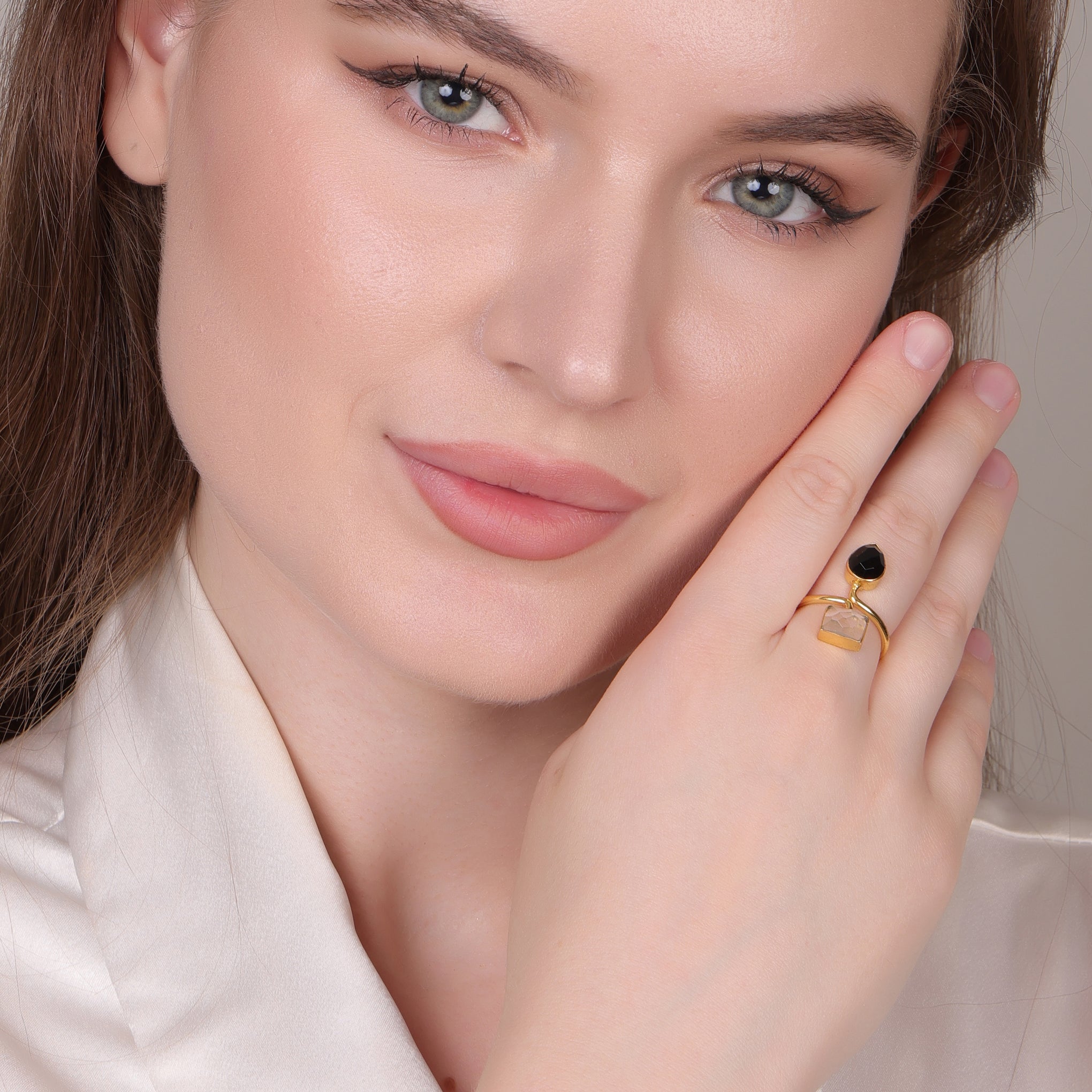 Dua Crystal & Black Onyx Rectangle Pear Ring | Unique Gold Plated Jewelry