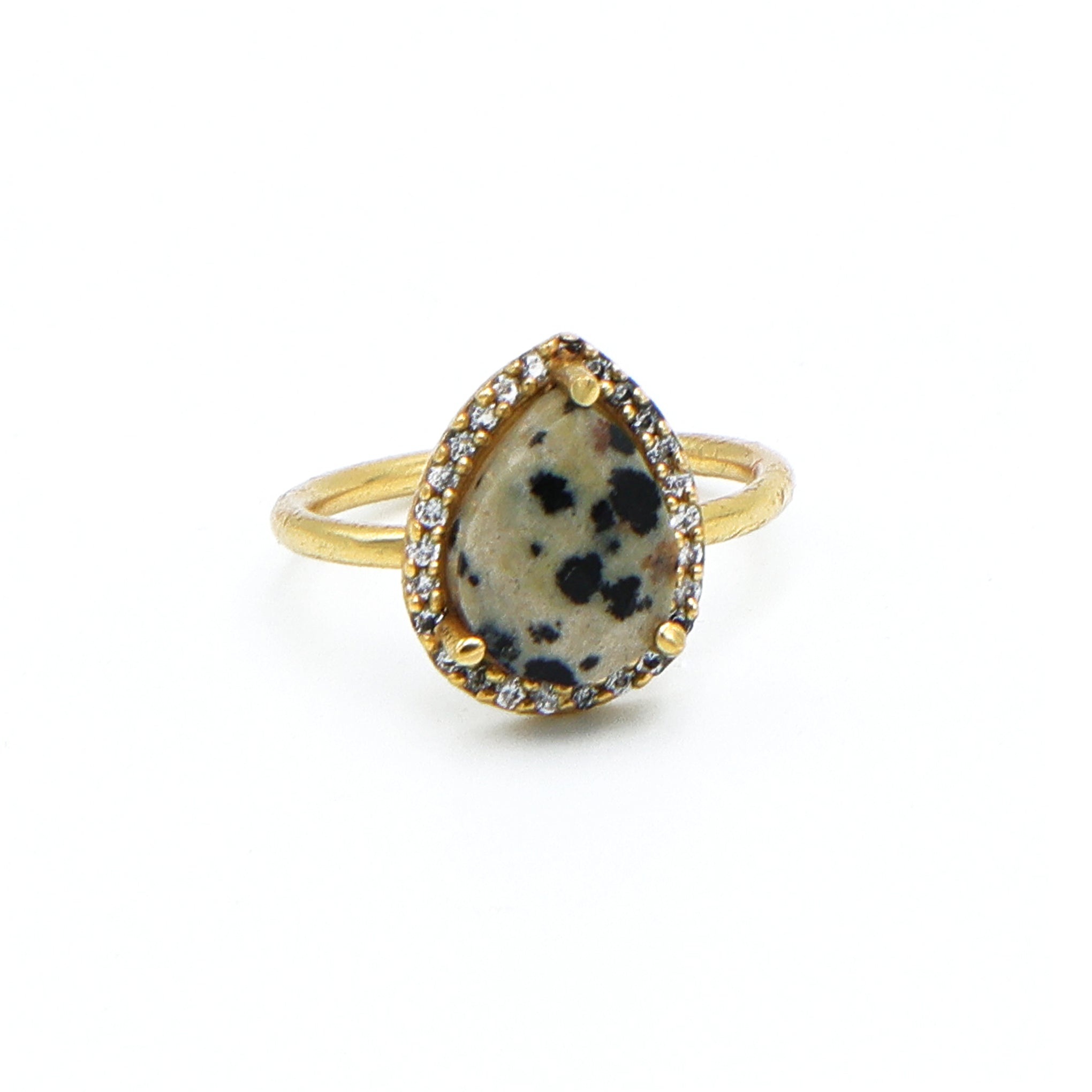 Dua Dalmatian Jasper Gold-Plated Adjustable Pear Ring – Multicolor Gemstone Boho Chic Jewelry