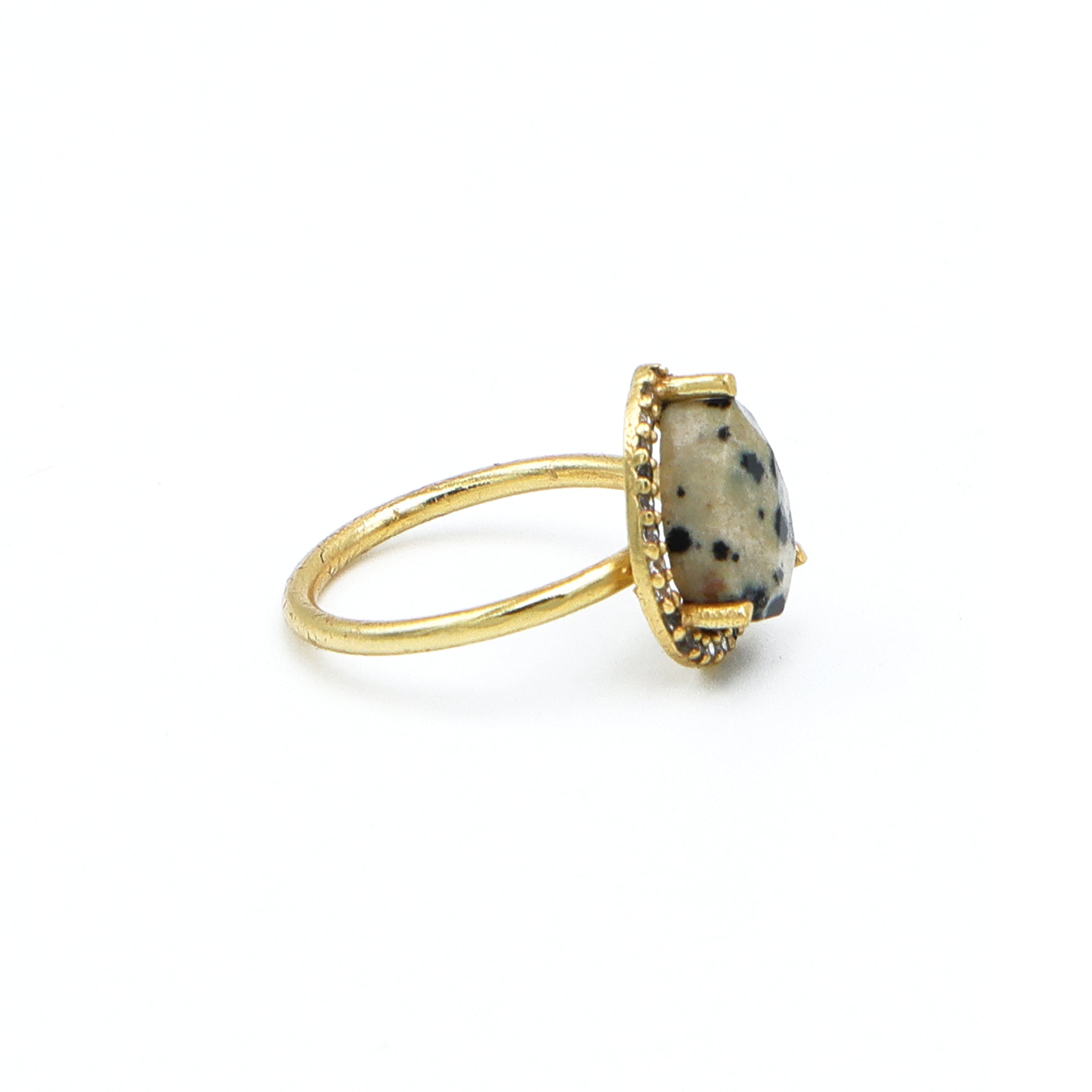 Dua Dalmatian Jasper Gold-Plated Adjustable Pear Ring – Multicolor Gemstone Boho Chic Jewelry