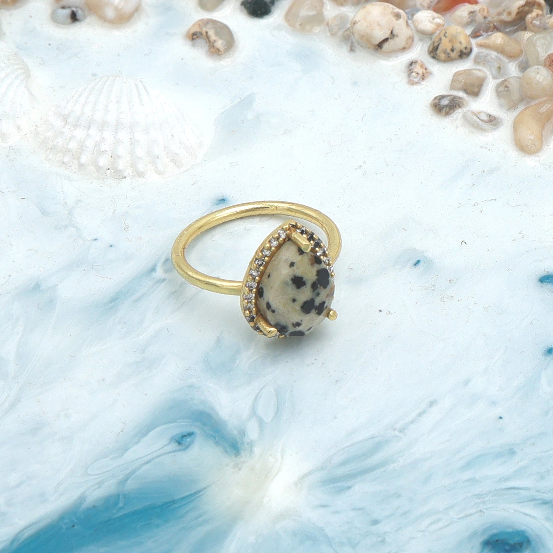 Dua Dalmatian Jasper Gold-Plated Adjustable Pear Ring – Multicolor Gemstone Boho Chic Jewelry