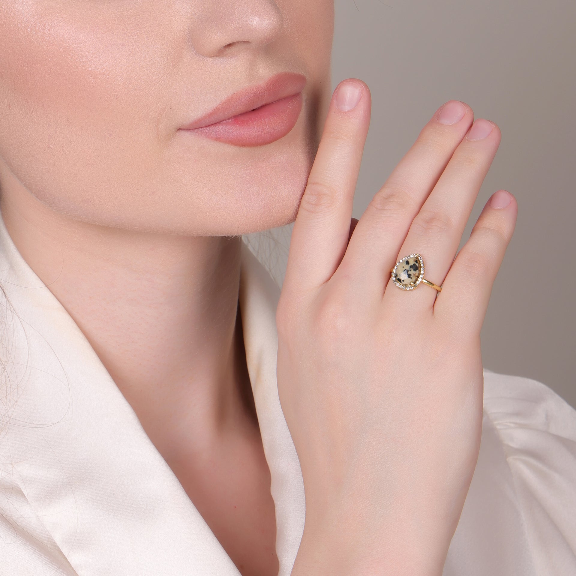 Dua Dalmatian Jasper Gold-Plated Adjustable Pear Ring – Multicolor Gemstone Boho Chic Jewelry