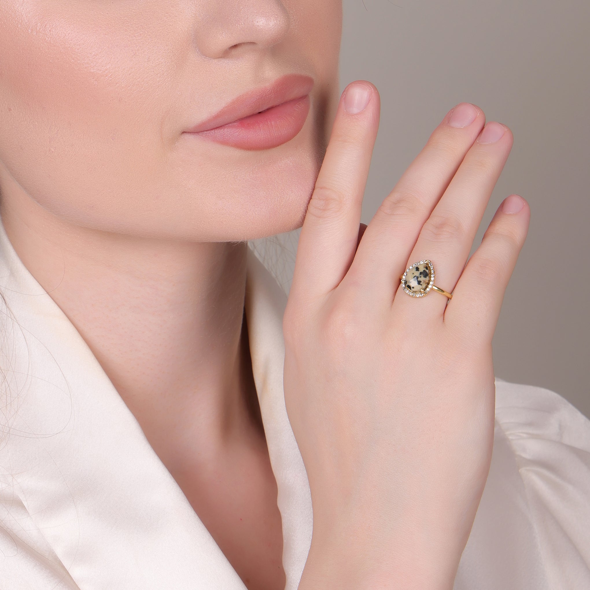 Dua Dalmatian Jasper Gold-Plated Adjustable Pear Ring – Multicolor Gemstone Boho Chic Jewelry