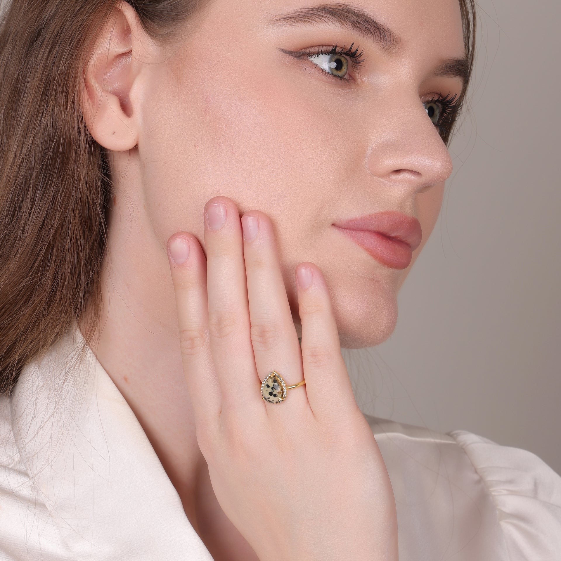 Dua Dalmatian Jasper Gold-Plated Adjustable Pear Ring – Multicolor Gemstone Boho Chic Jewelry