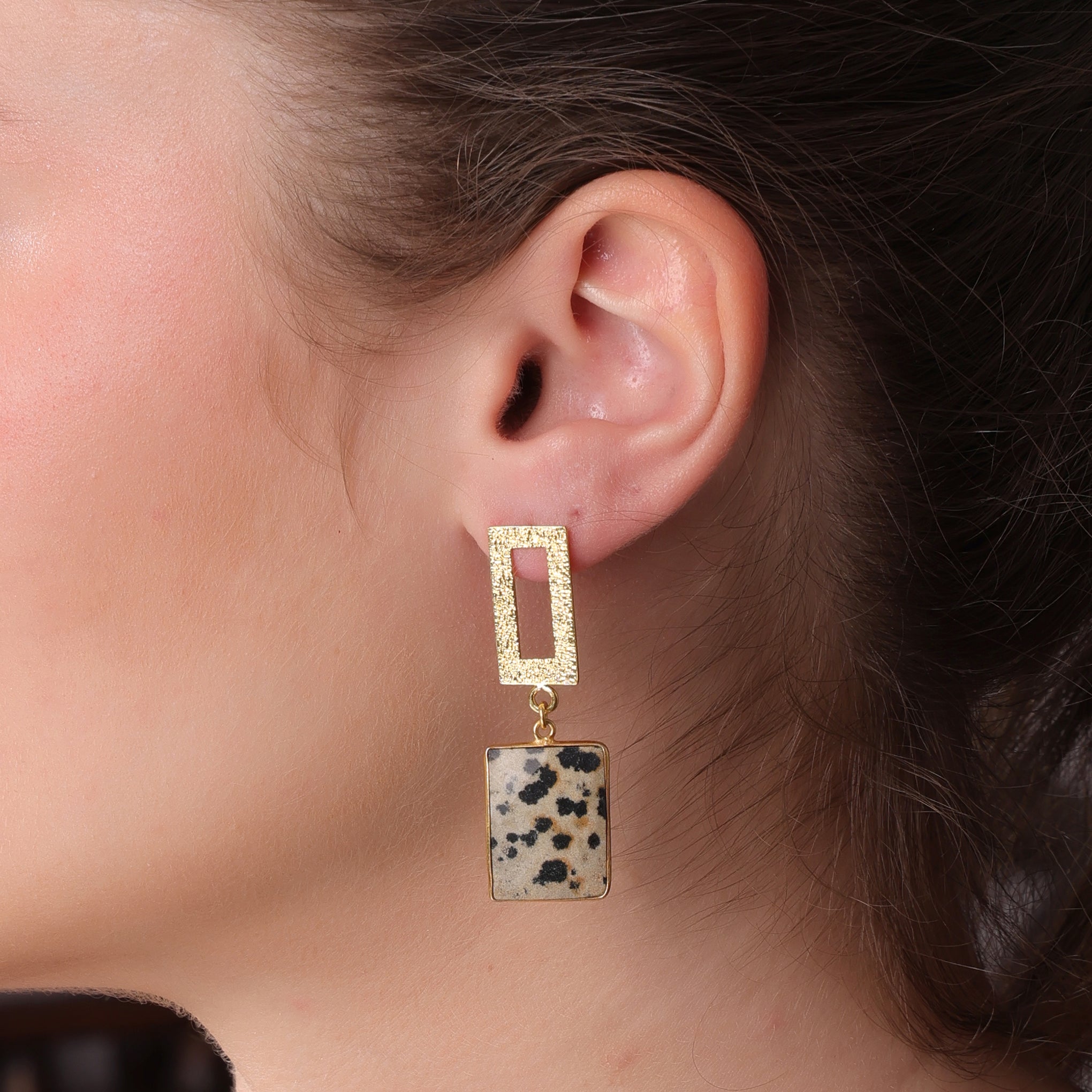 DuaDalmatianJasperRectangleEarrings_HandmadeGold-PlatedElegantJewelry