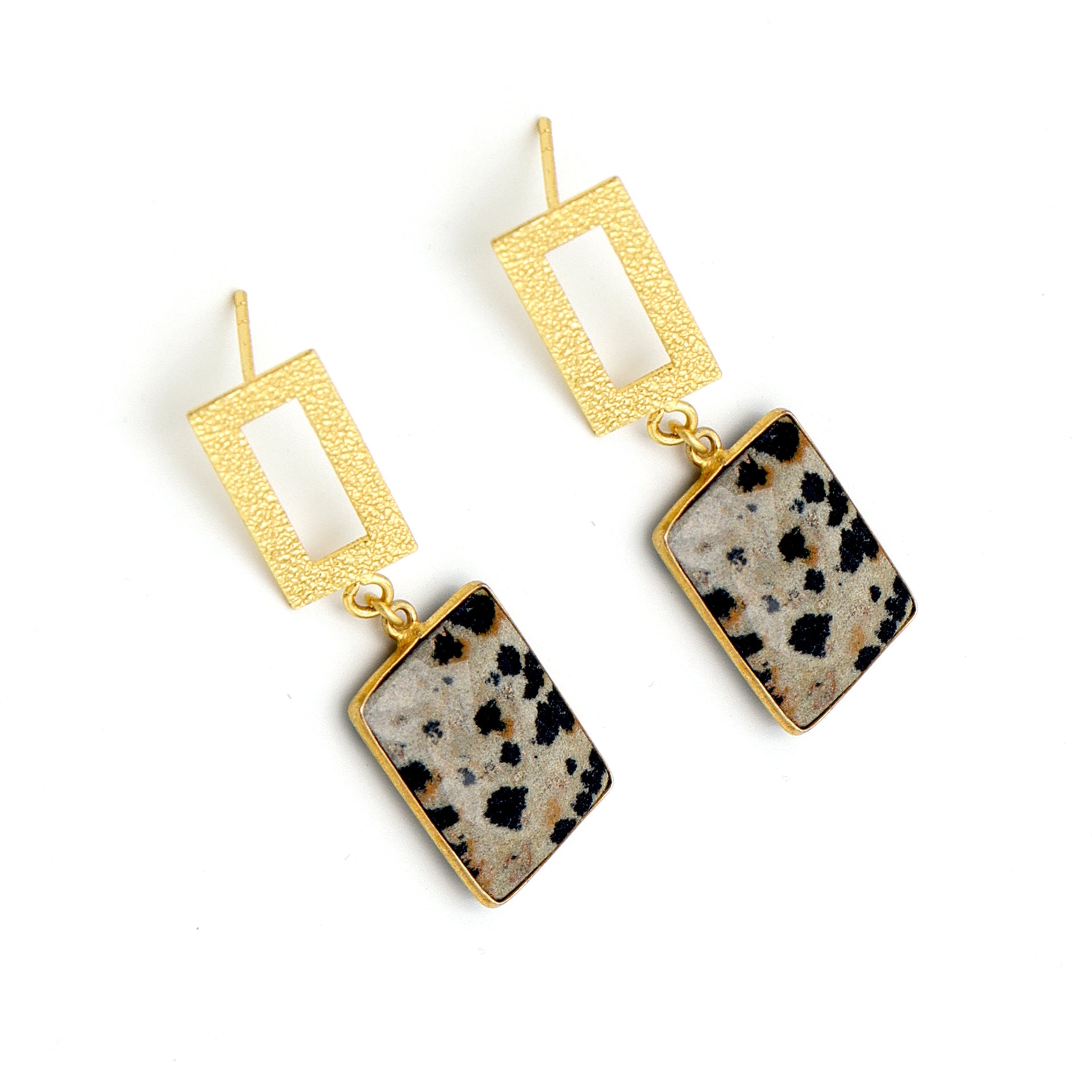 DuaDalmatianJasperRectangleEarrings_HandmadeGold-PlatedElegantJewelry