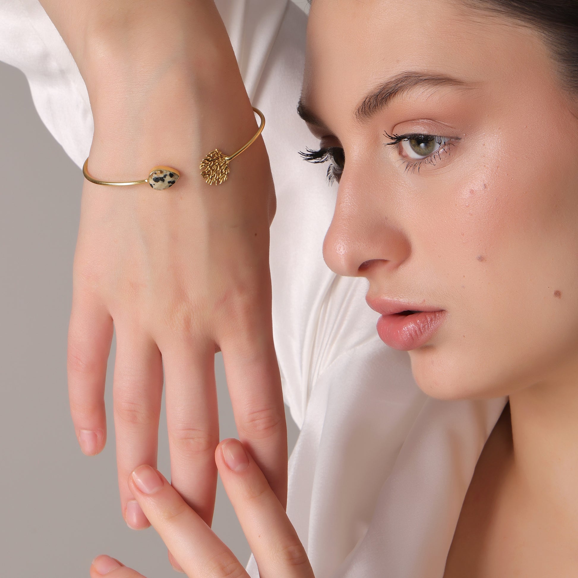 Dua Dalmatian Jasper Tree Bangle – Unique Multicolor Gold-Plated Gemstone Bracelet - Dua Online