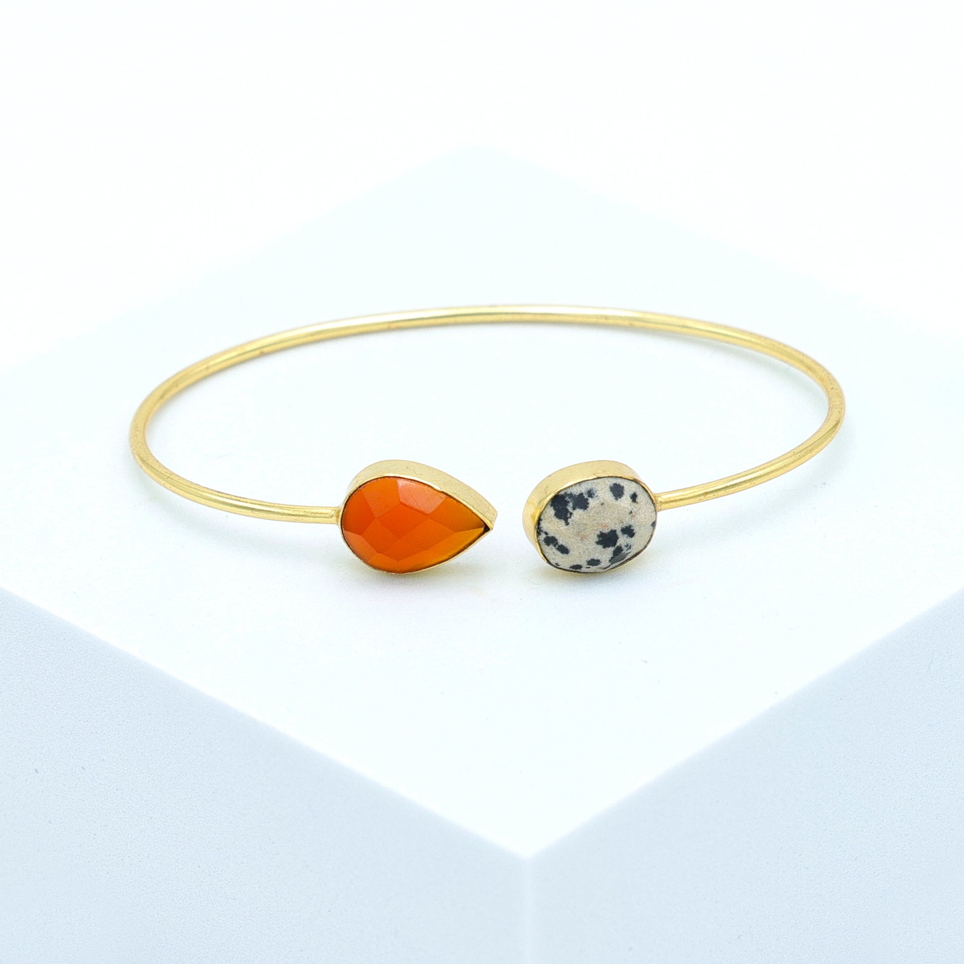 DuaDalmatianJasper_CarnelianCalcedonyBangle_UniqueGold-PlatedGemstoneJewelry