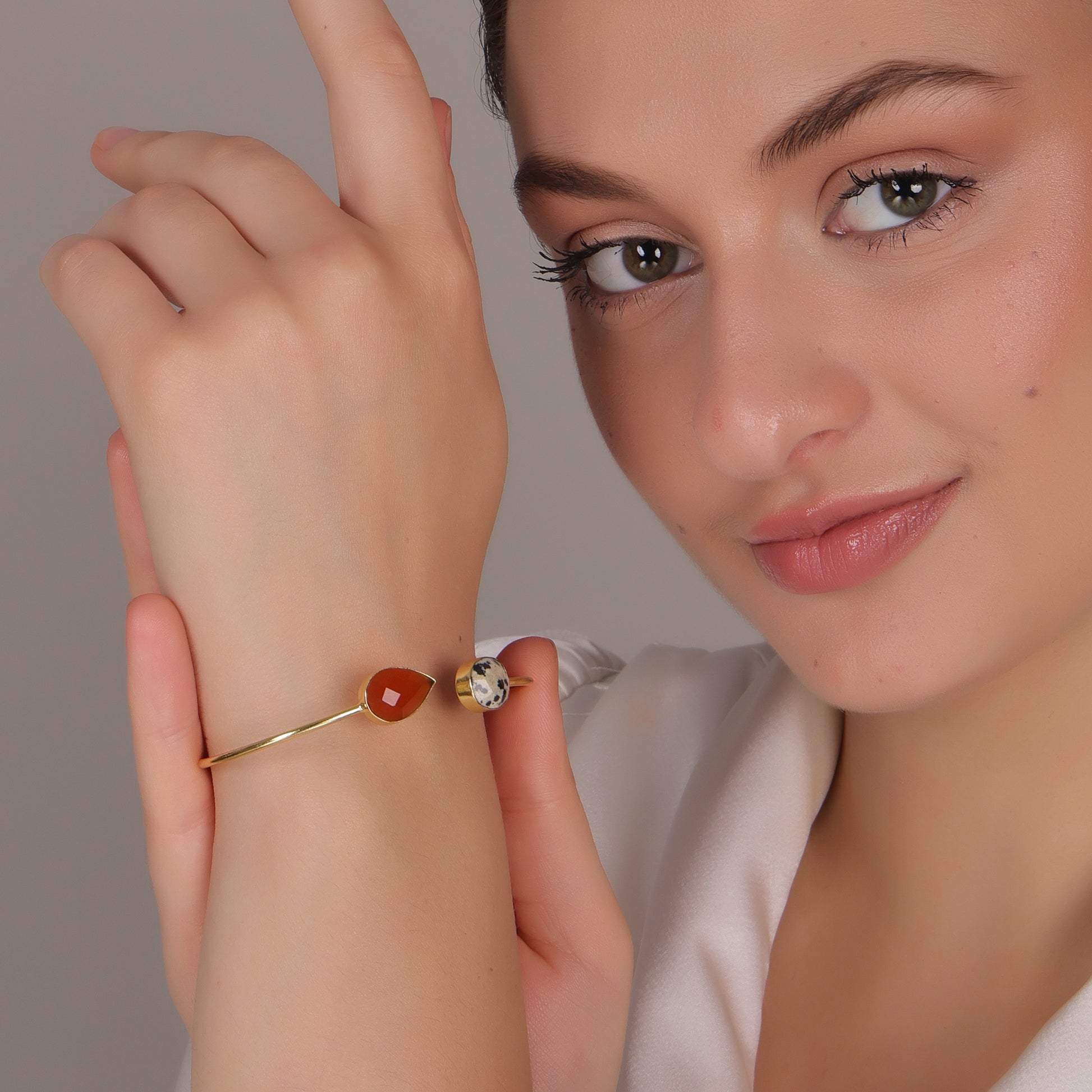 DuaDalmatianJasper_CarnelianCalcedonyBangle_UniqueGold-PlatedGemstoneJewelry