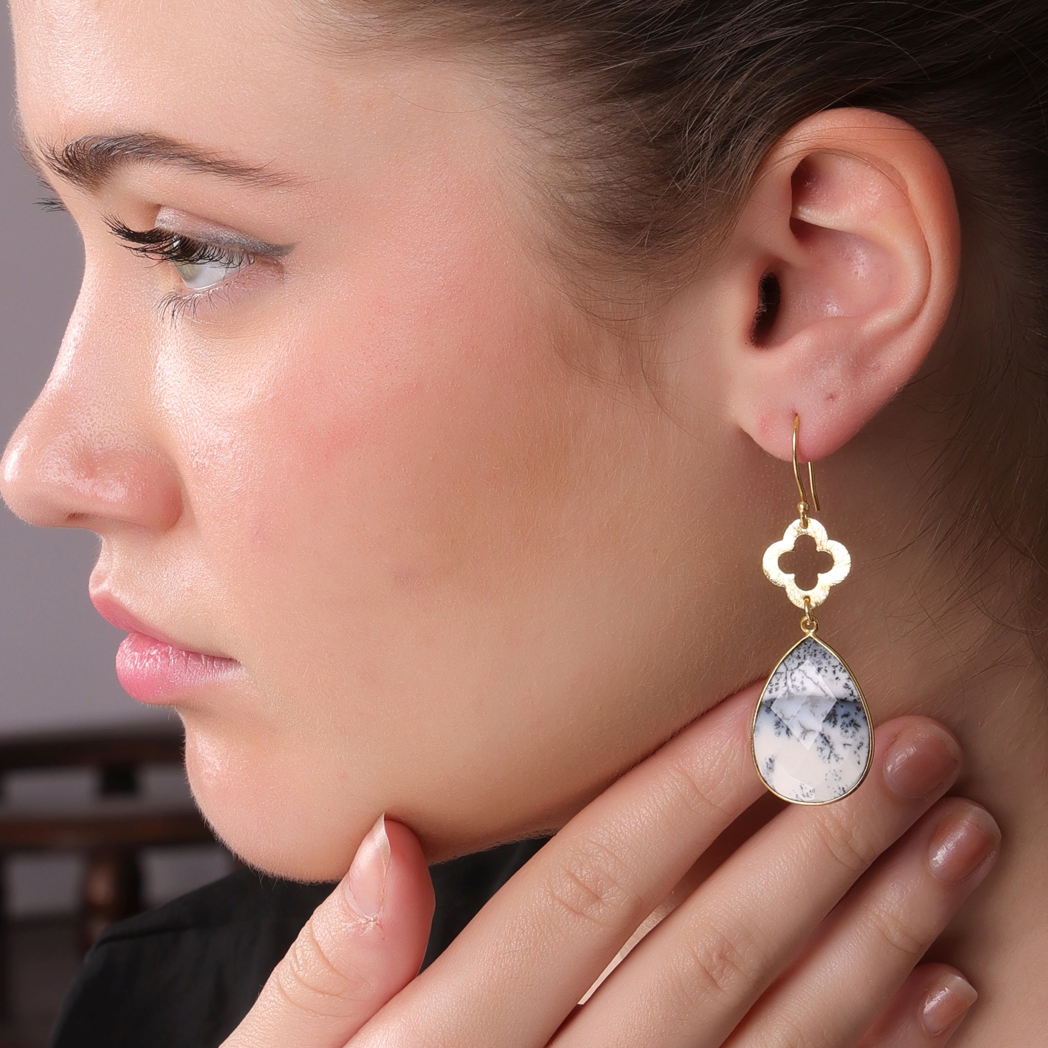 DuaDendriteOpalFlowerEarrings_HandcraftedGold