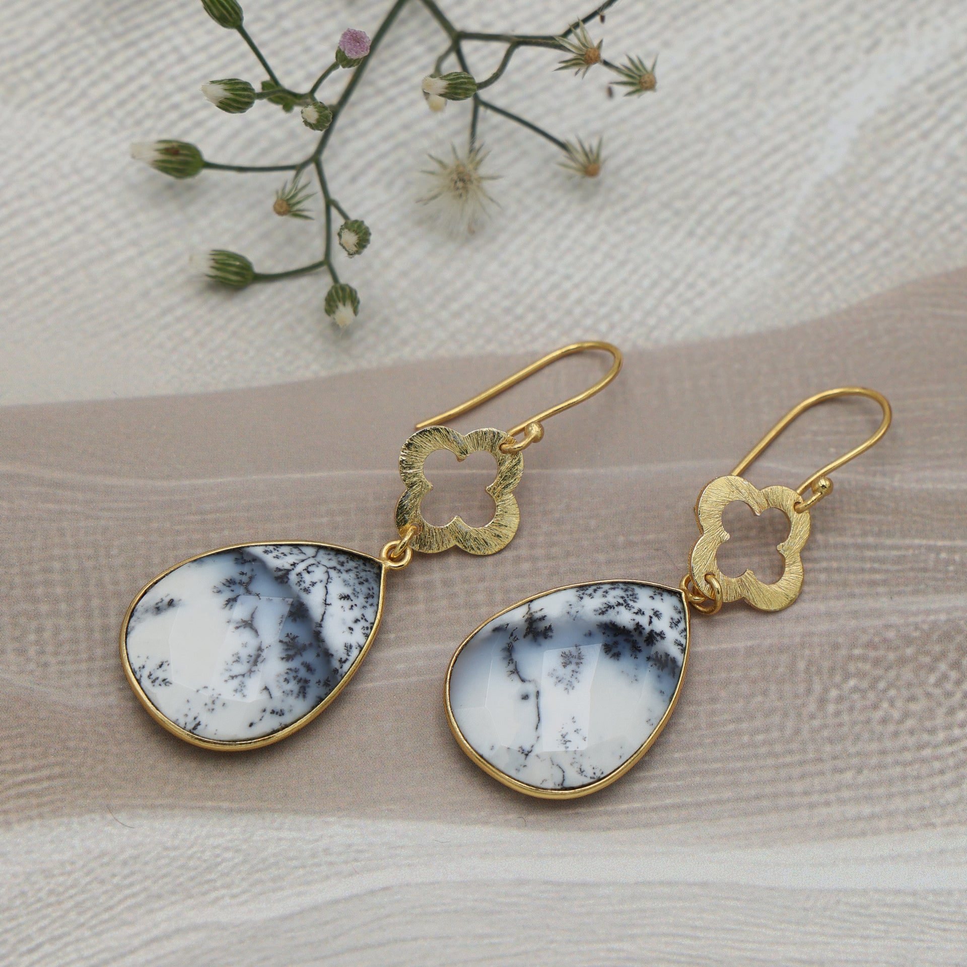 DuaDendriteOpalFlowerEarrings_HandcraftedGold-PlatedUniqueJewelry