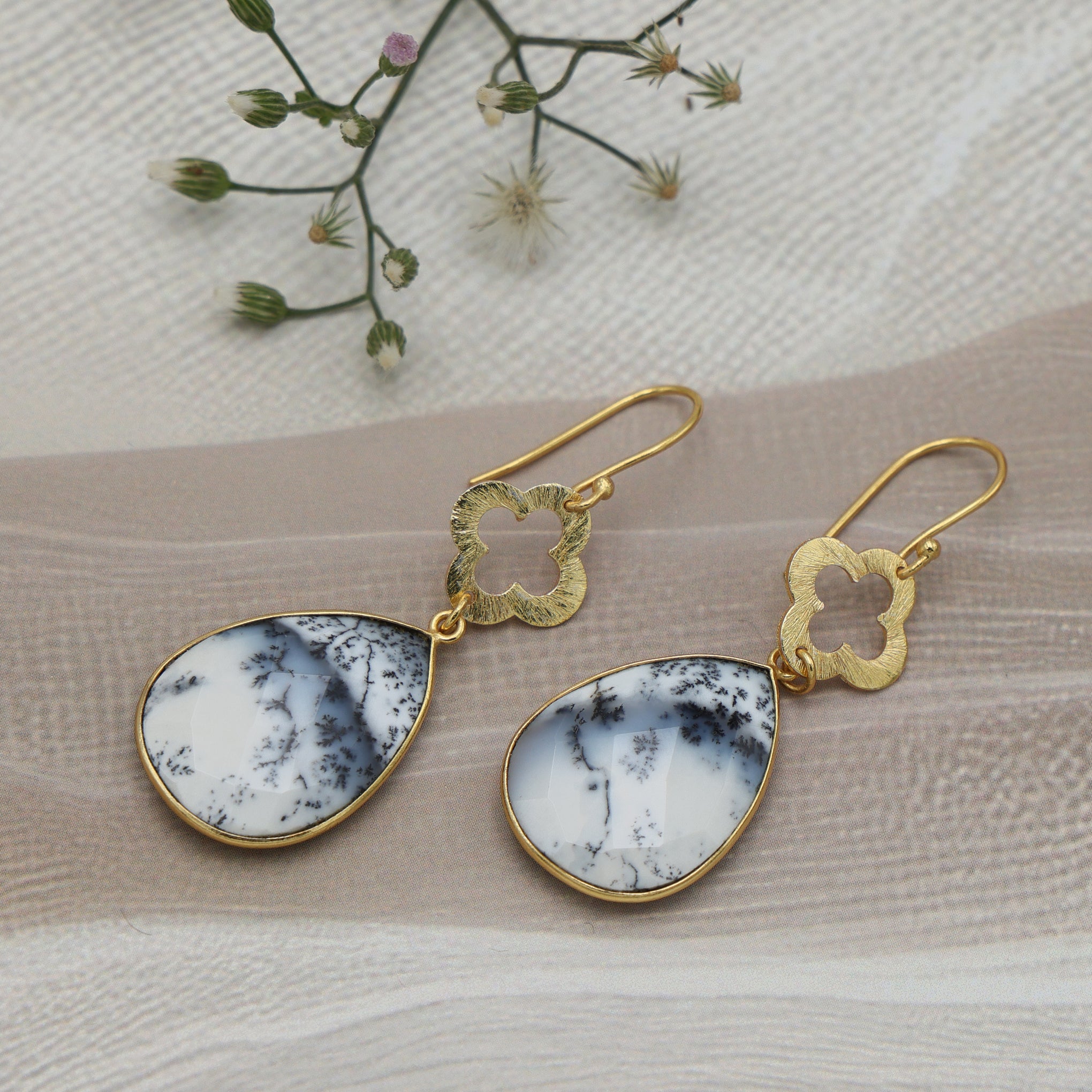 DuaDendriteOpalFlowerEarrings_HandcraftedGold-PlatedUniqueJewelry