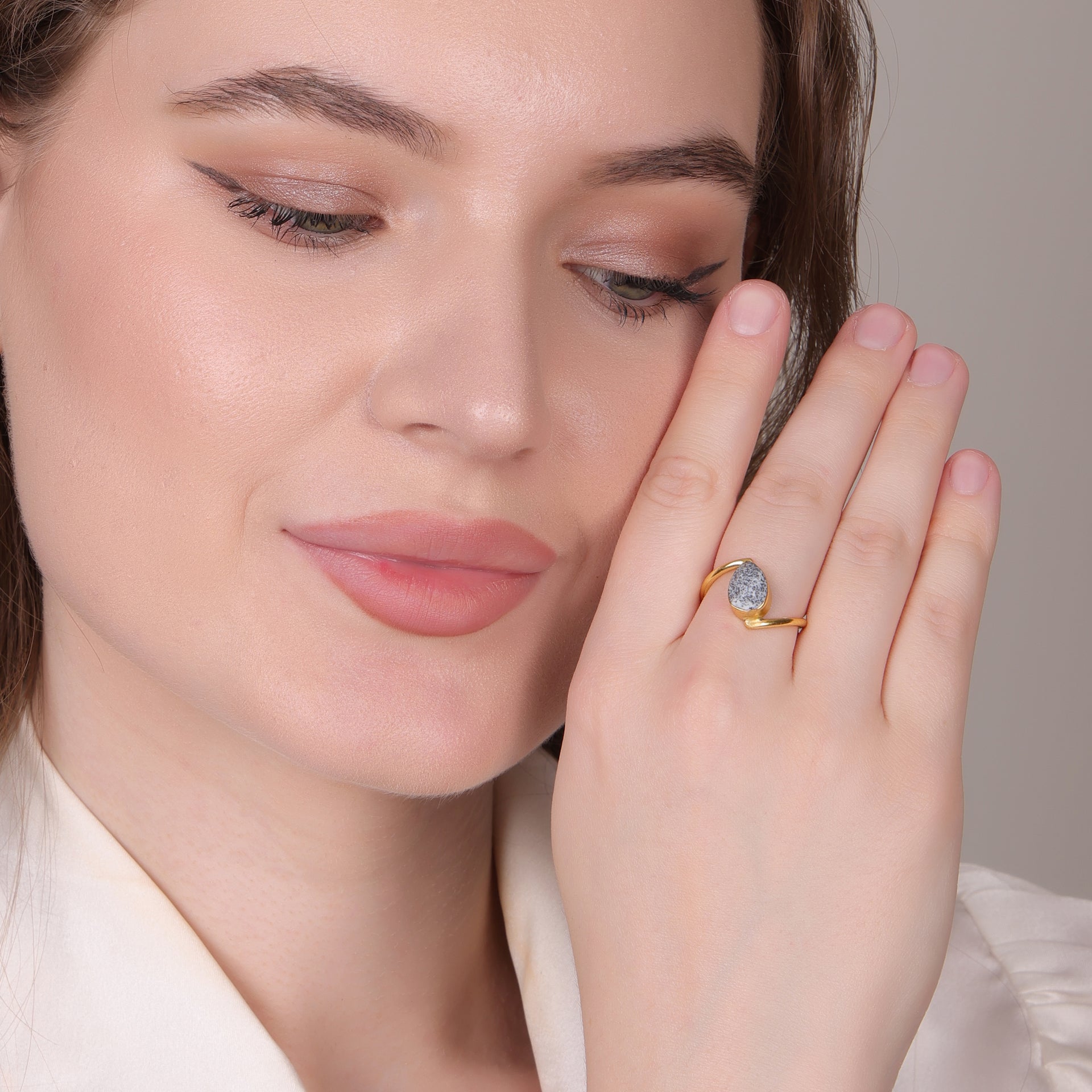 Dua Dendrite Opal Gold-Plated Adjustable Pear Ring – Multicolor Gemstone Statement Jewelry