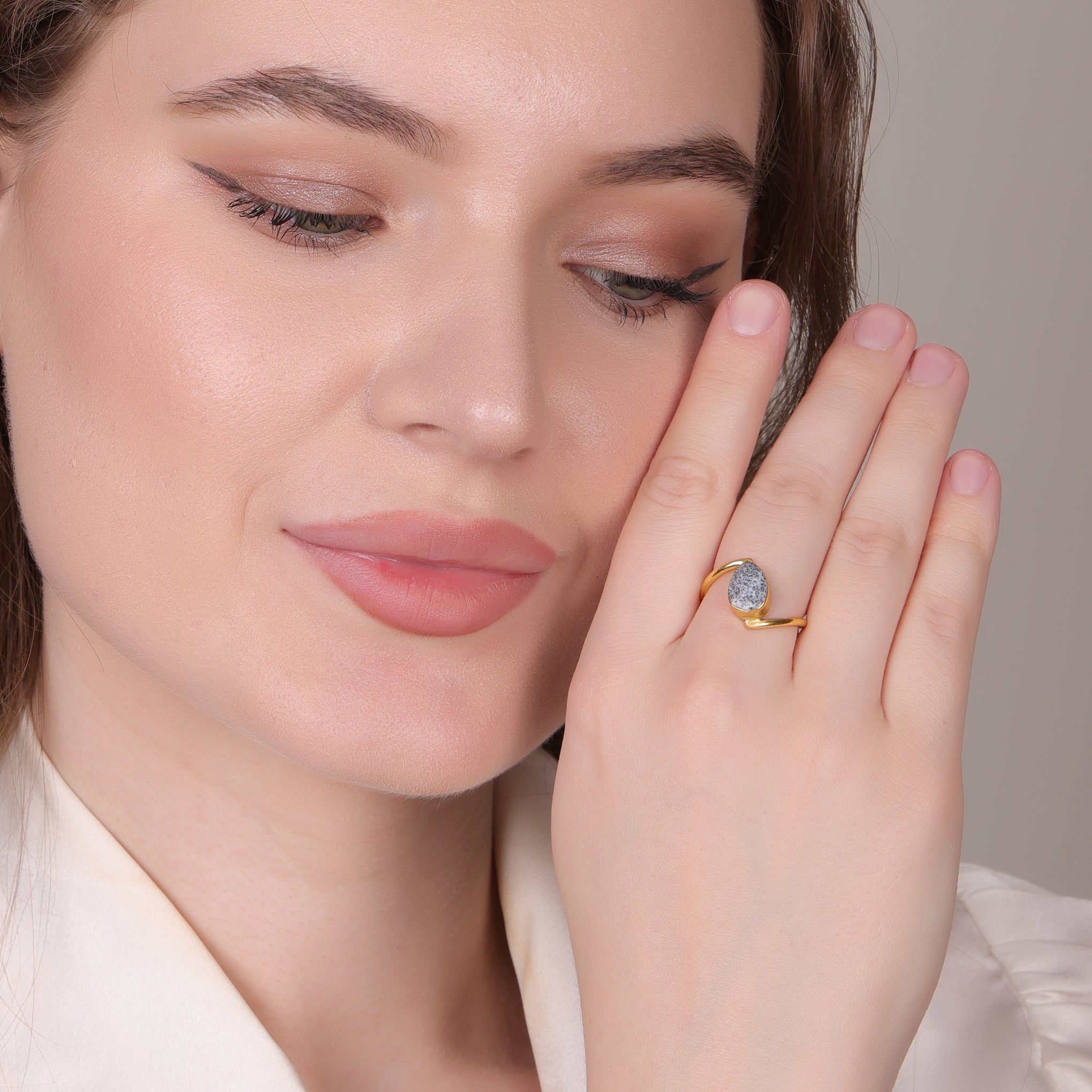Dua Dendrite Opal Gold-Plated Adjustable Pear Ring – Multicolor Gemstone Statement Jewelry