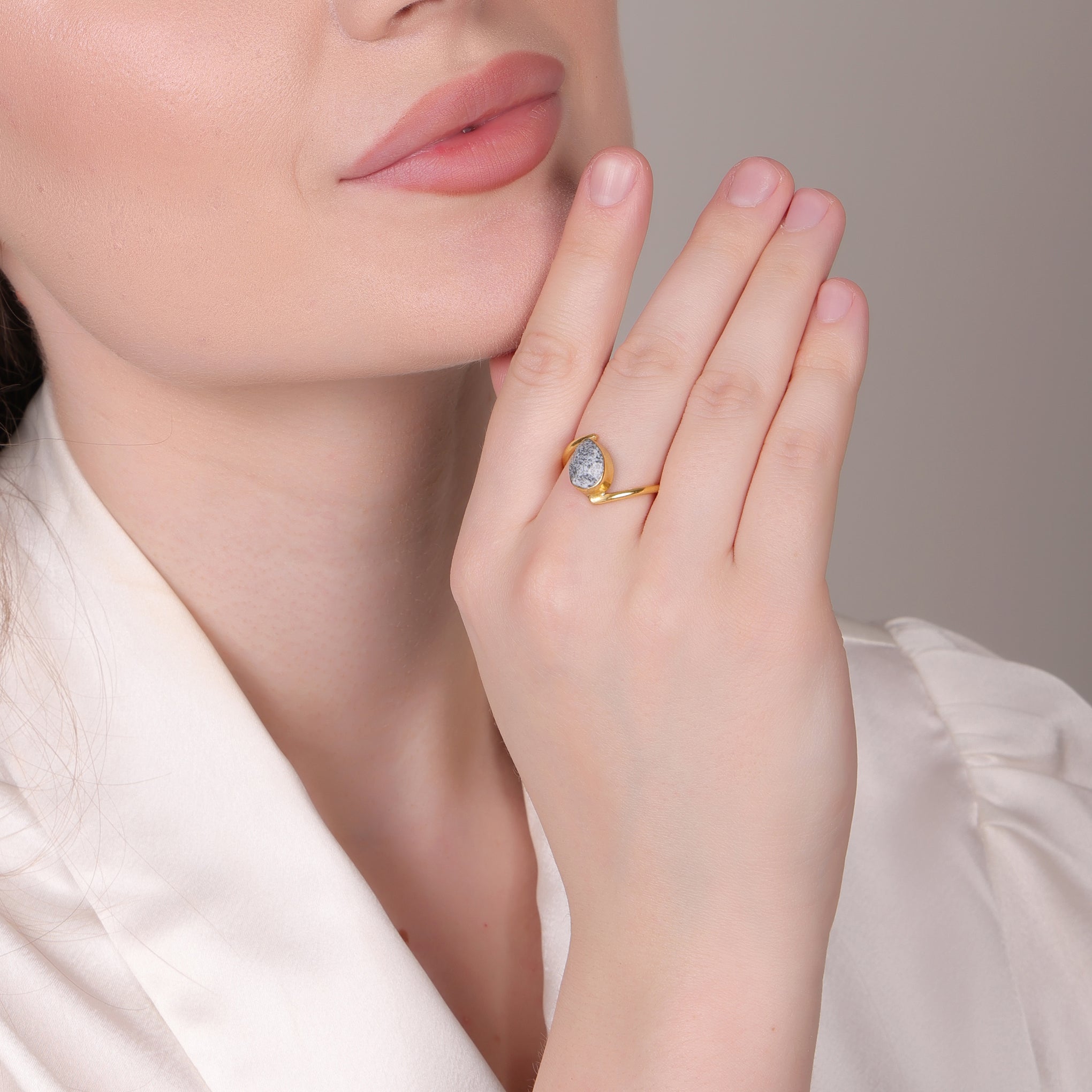 Dua Dendrite Opal Gold-Plated Adjustable Pear Ring – Multicolor Gemstone Statement Jewelry