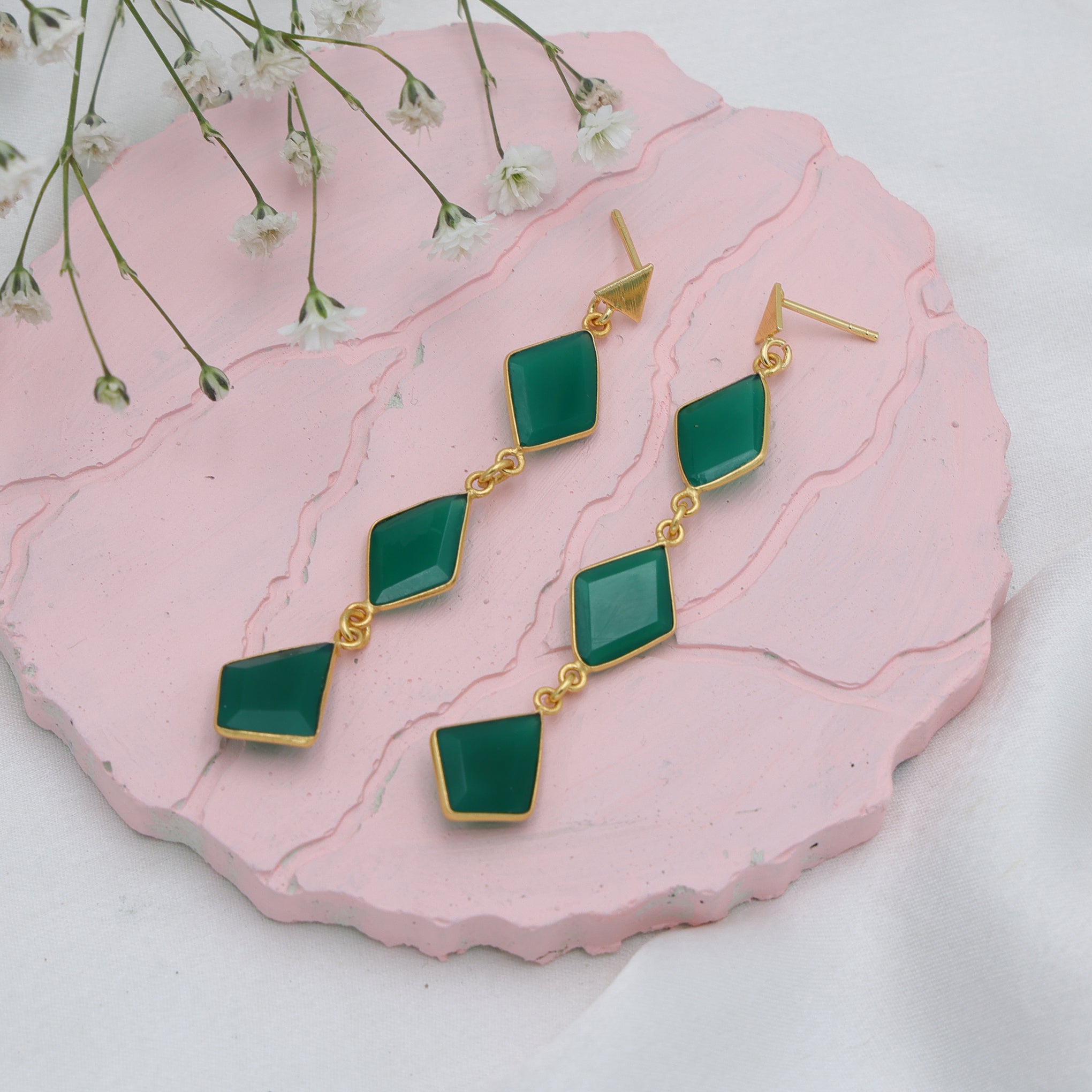 Dua Green Onyx Diamond Earrings – Handmade Gold-Plated Statement Jewelry - Dua Online