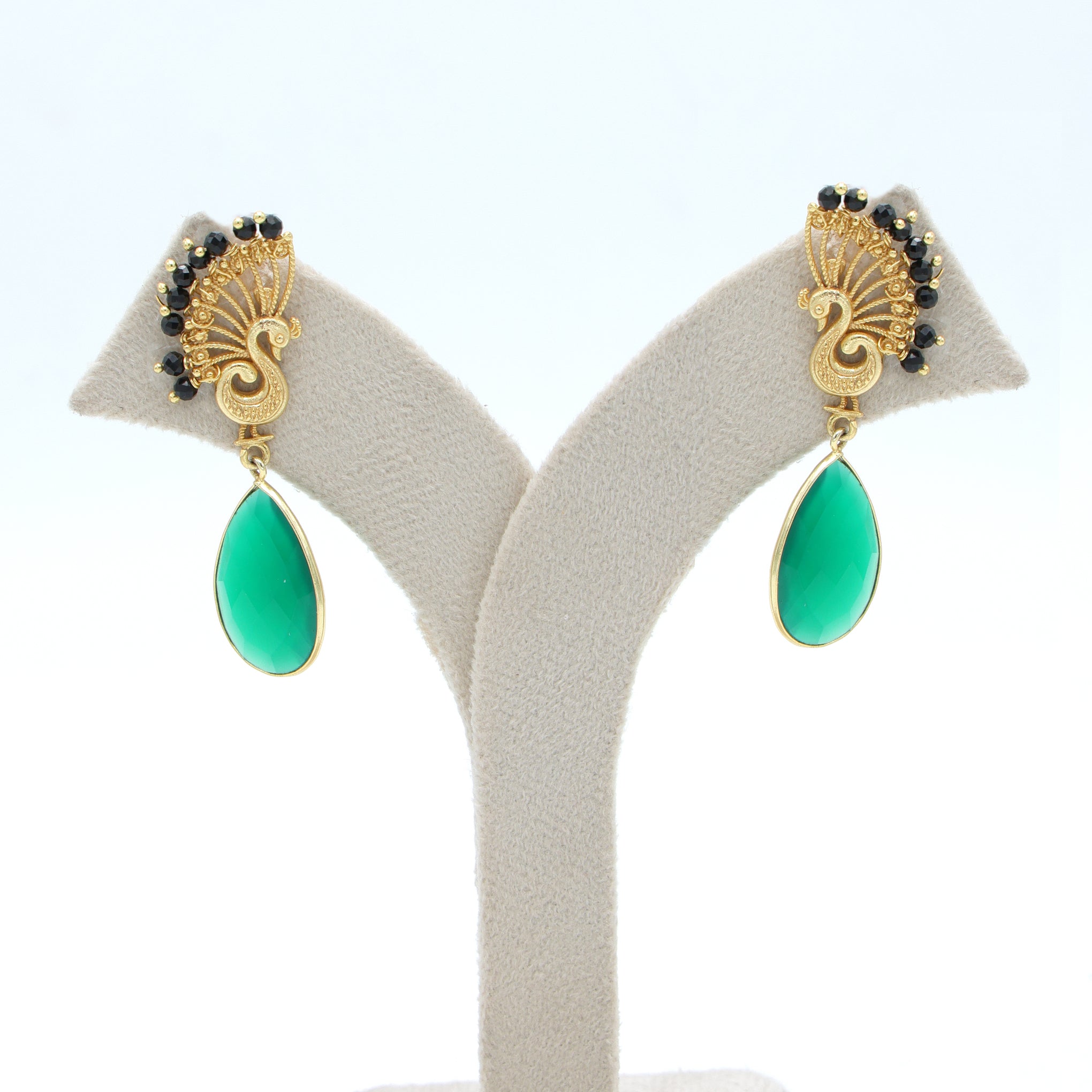 DuaGreenOnyxPeacockEarringsHandcraftedGoldPlatedStatementJewelry