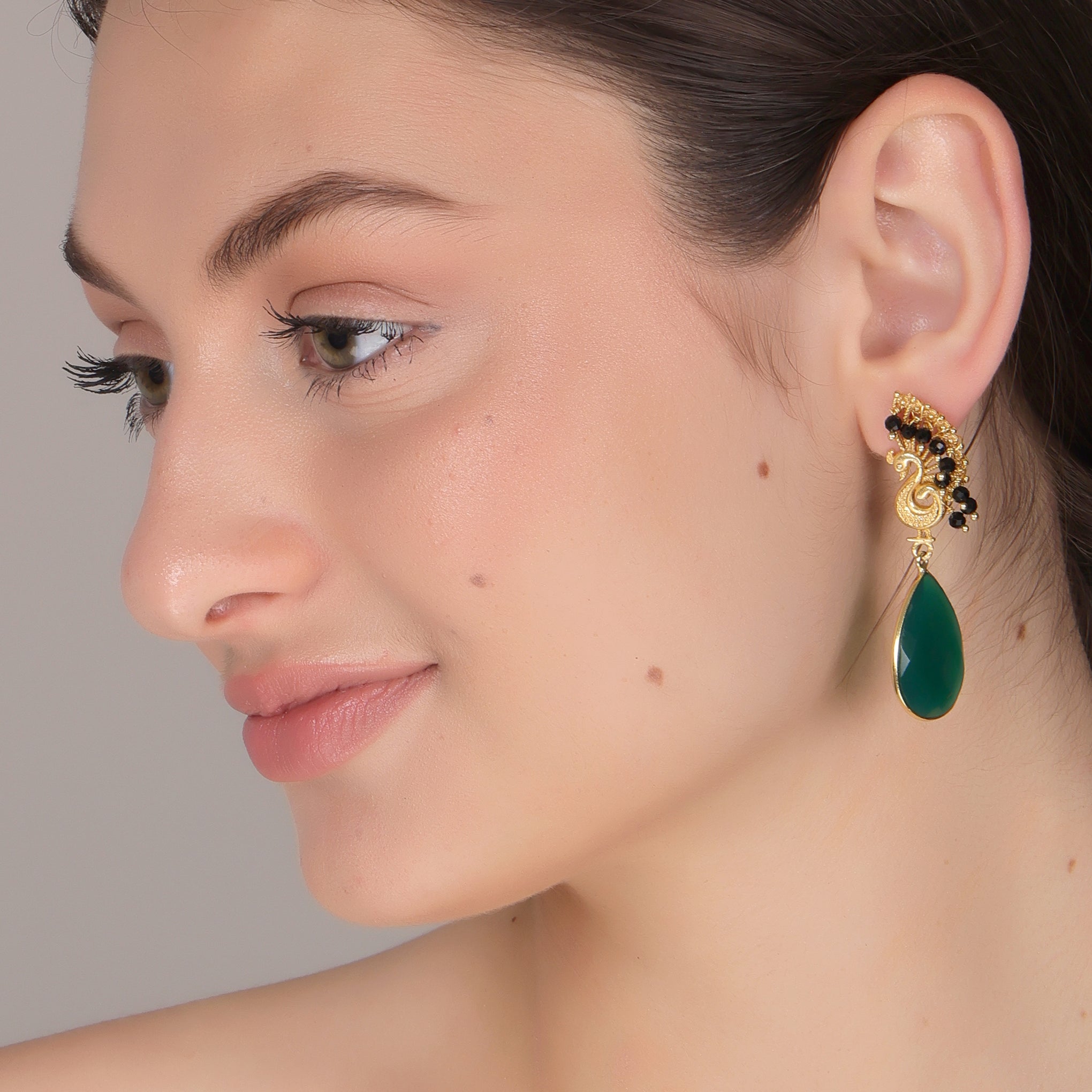 DuaGreenOnyxPeacockEarringsHandcraftedGoldPlatedStatementJewelry