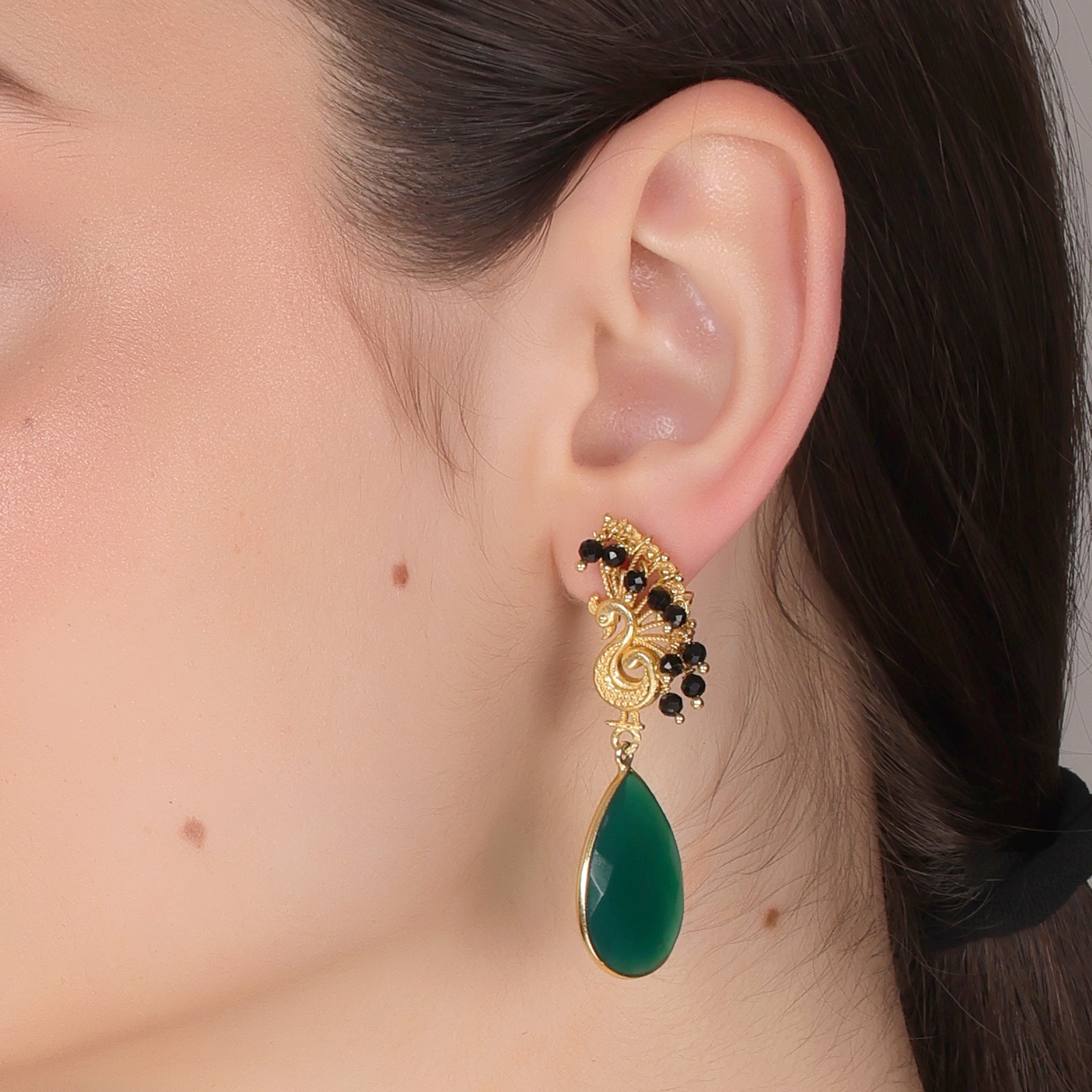 DuaGreenOnyxPeacockEarringsHandcraftedGoldPlatedStatementJewelry