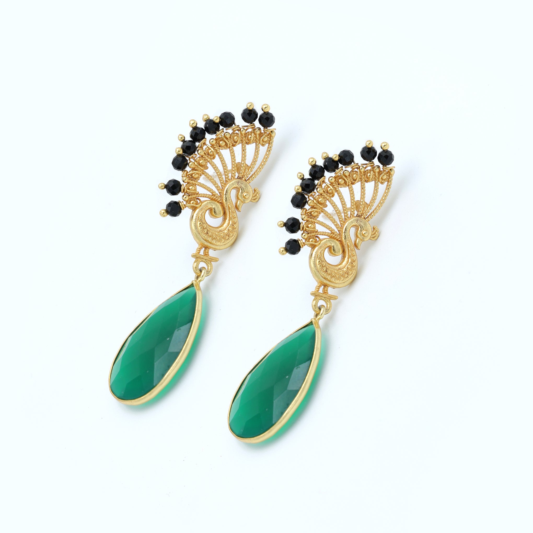 DuaGreenOnyxPeacockEarringsHandcraftedGoldPlatedStatementJewelry