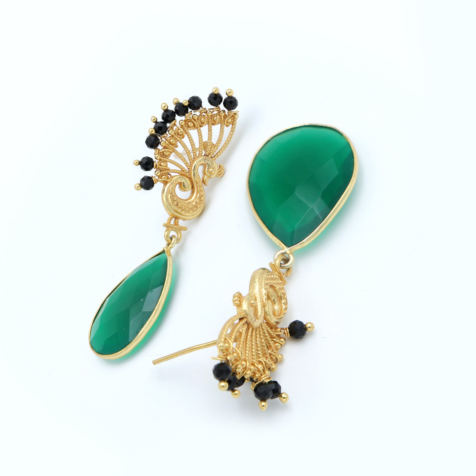 DuaGreenOnyxPeacockEarringsHandcraftedGoldPlatedStatementJewelry
