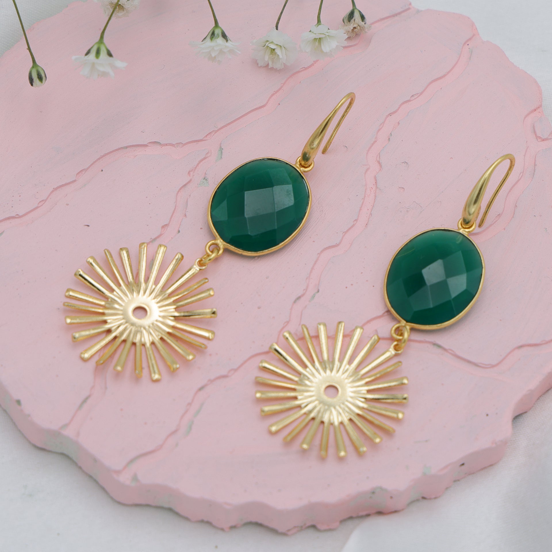 Dua Green Onyx Sun Earrings – Handmade Gold-Plated Elegant Jewelry - Dua Online
