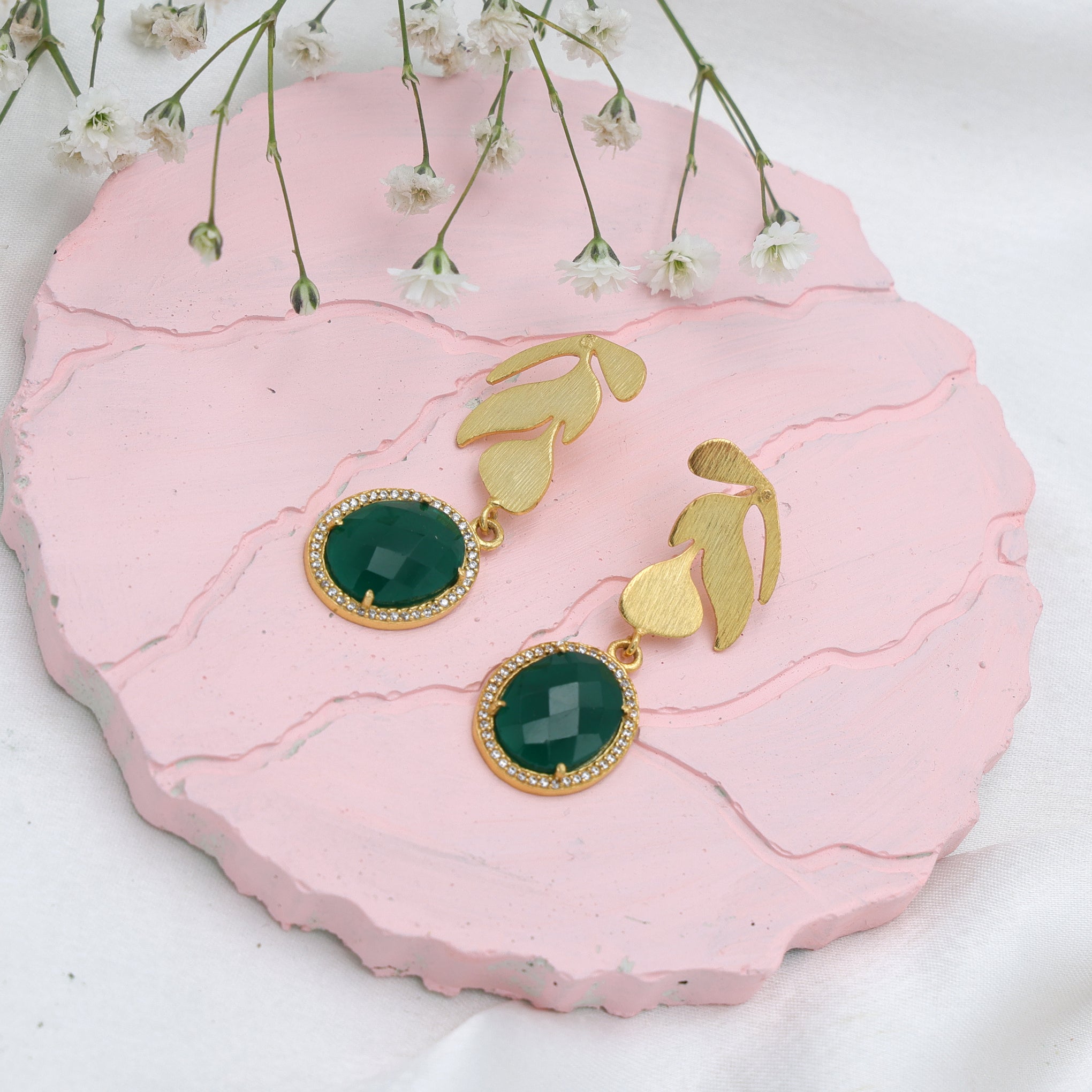 Dua Green Onyx and CZ Earrings – Handmade Gold-Plated Statement Jewelry - Dua Online