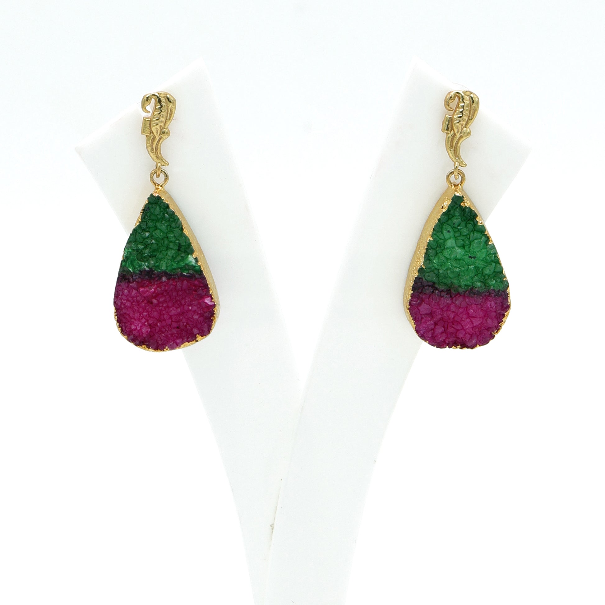 DuaGreenPinkDrusyEarrings_HandcraftedGold-PlatedUniqueJewelry