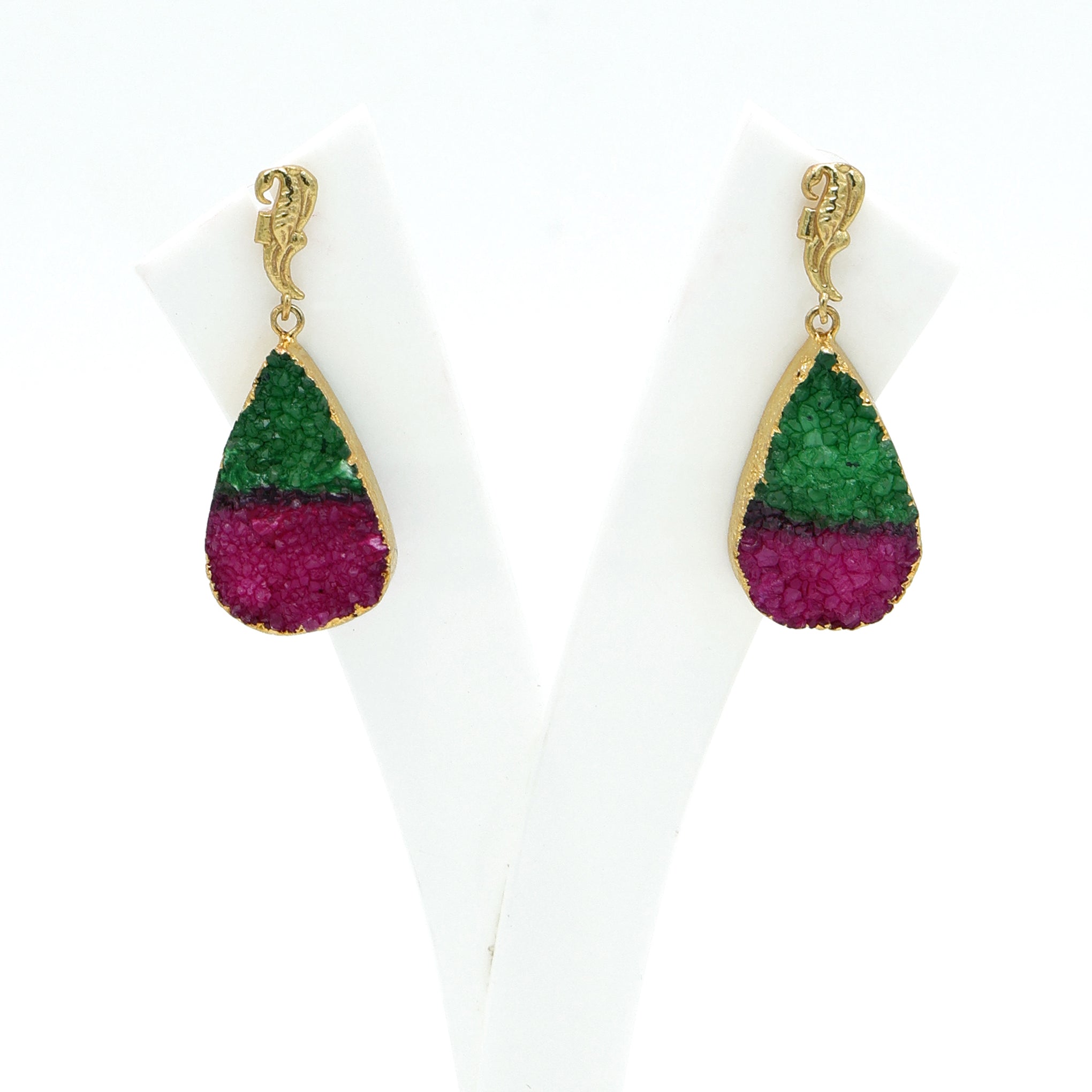 DuaGreenPinkDrusyEarrings_HandcraftedGold-PlatedUniqueJewelry