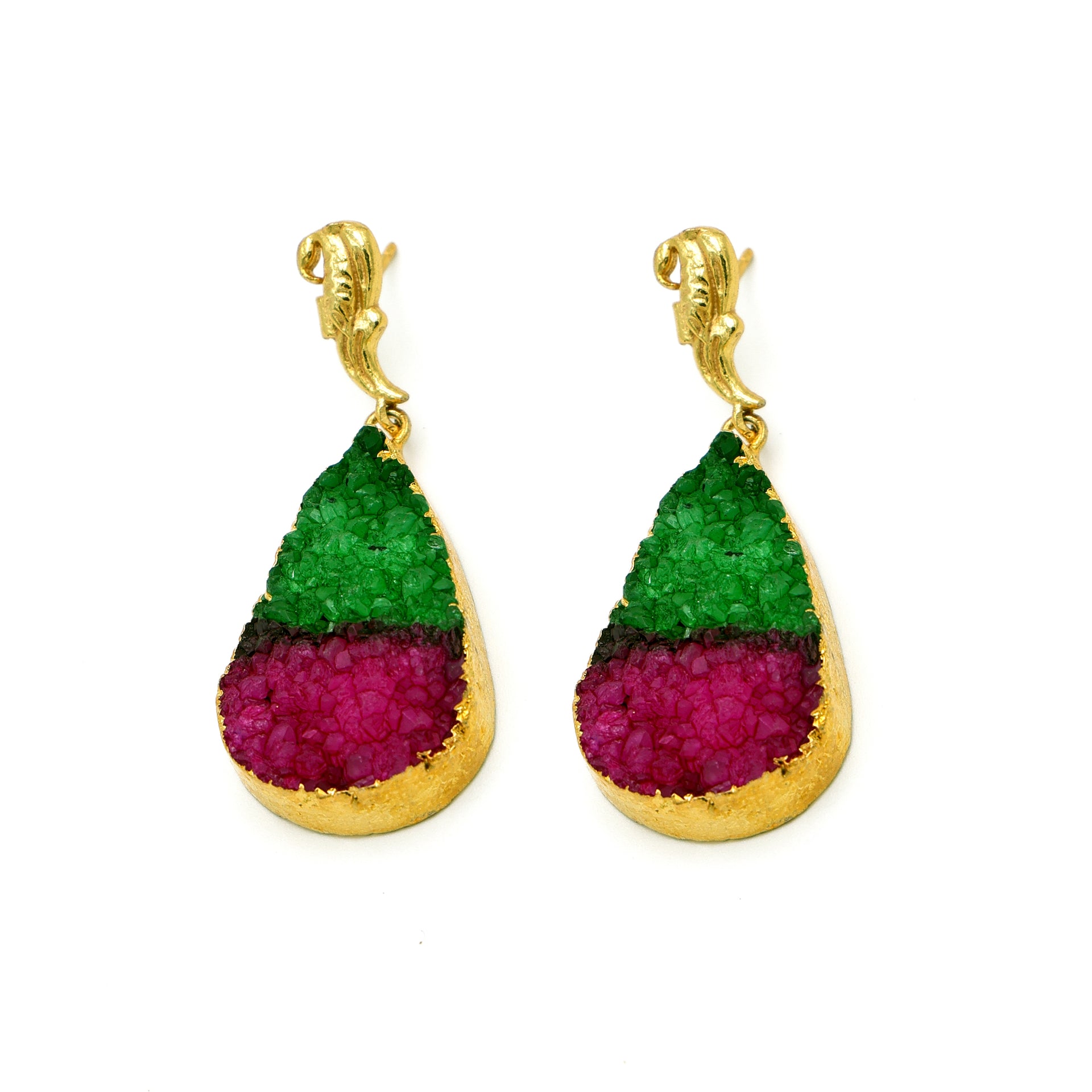 DuaGreenPinkDrusyEarrings_HandcraftedGold-PlatedUniqueJewelry