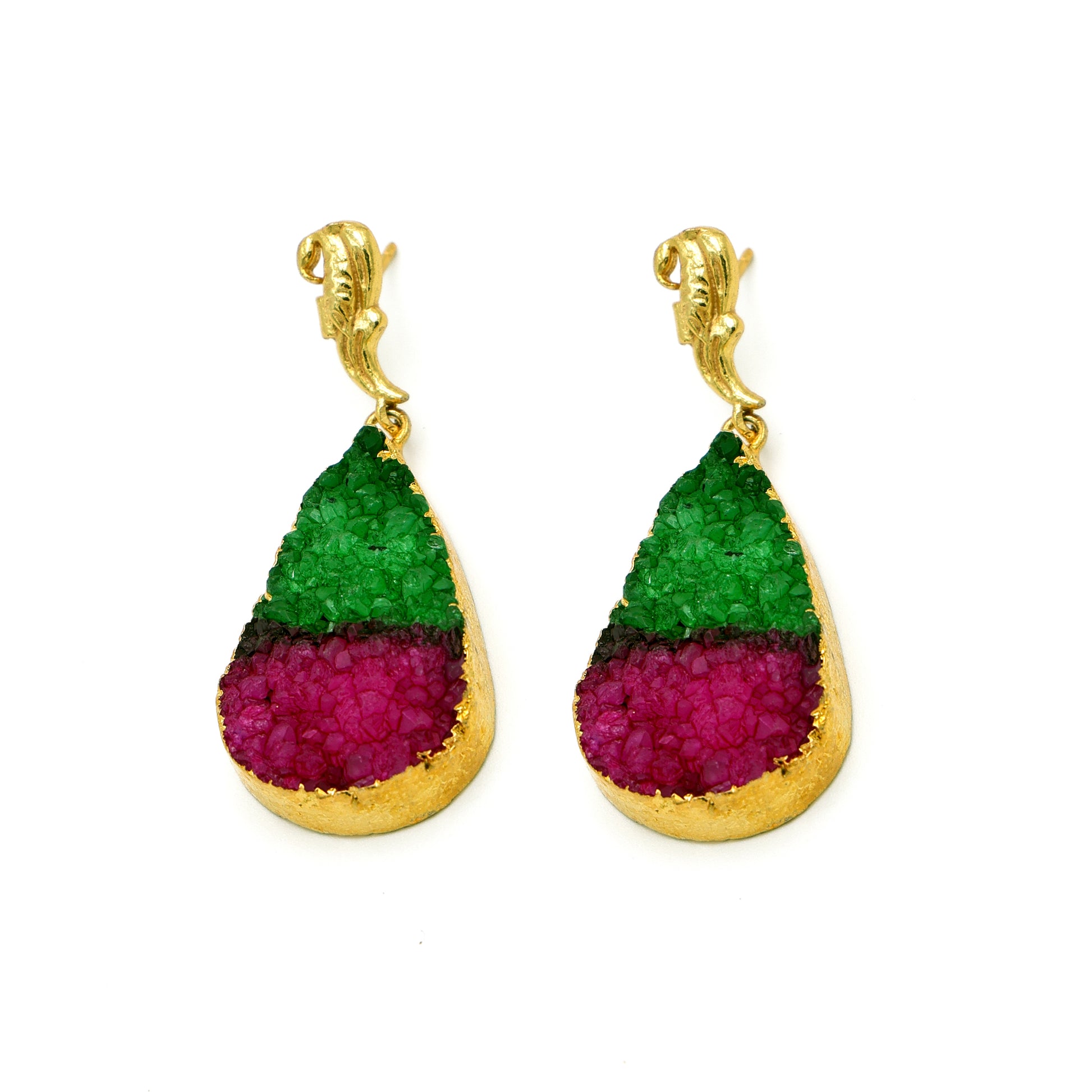DuaGreenPinkDrusyEarrings_HandcraftedGold-PlatedUniqueJewelry