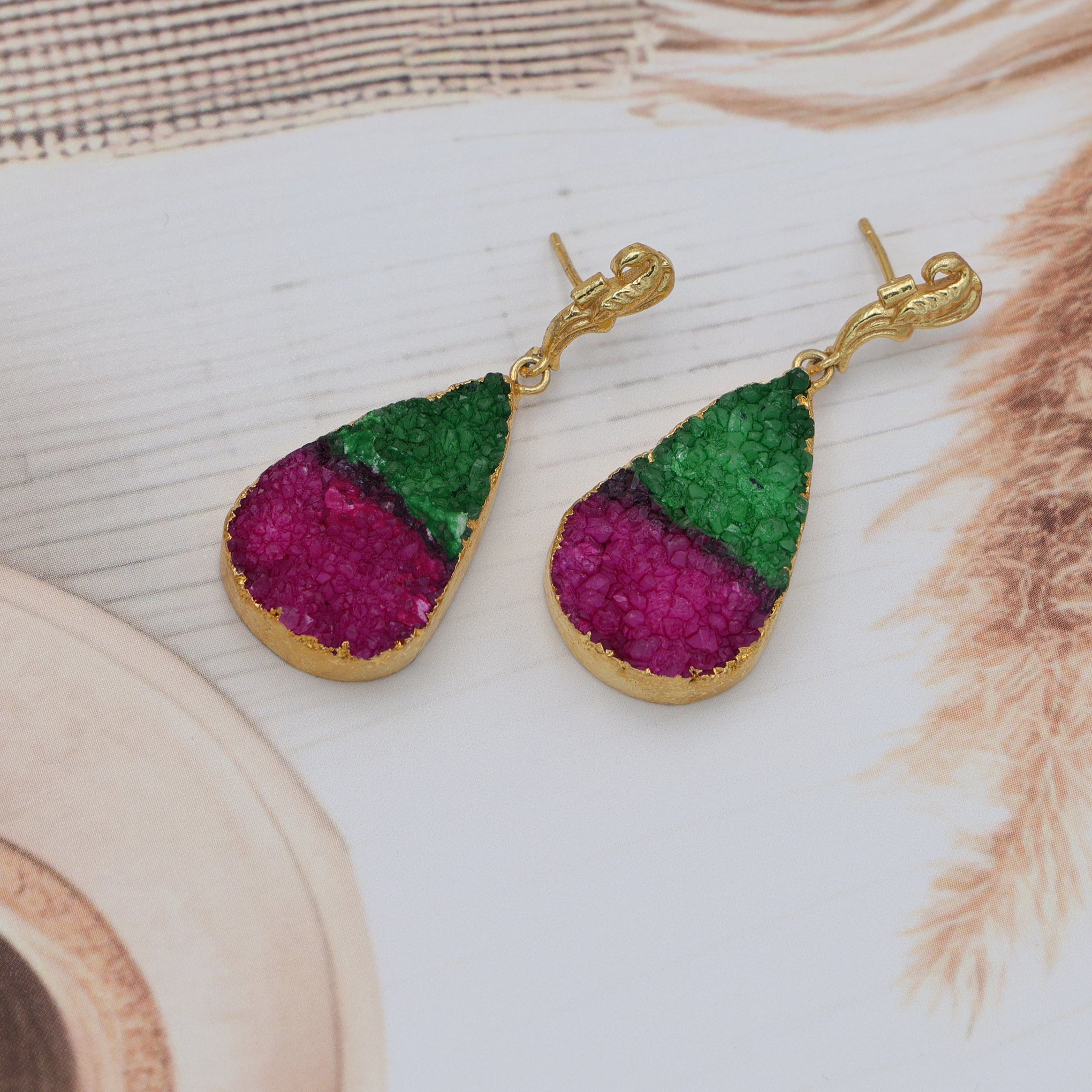 DuaGreenPinkDrusyEarrings_HandcraftedGold-PlatedUniqueJewelry
