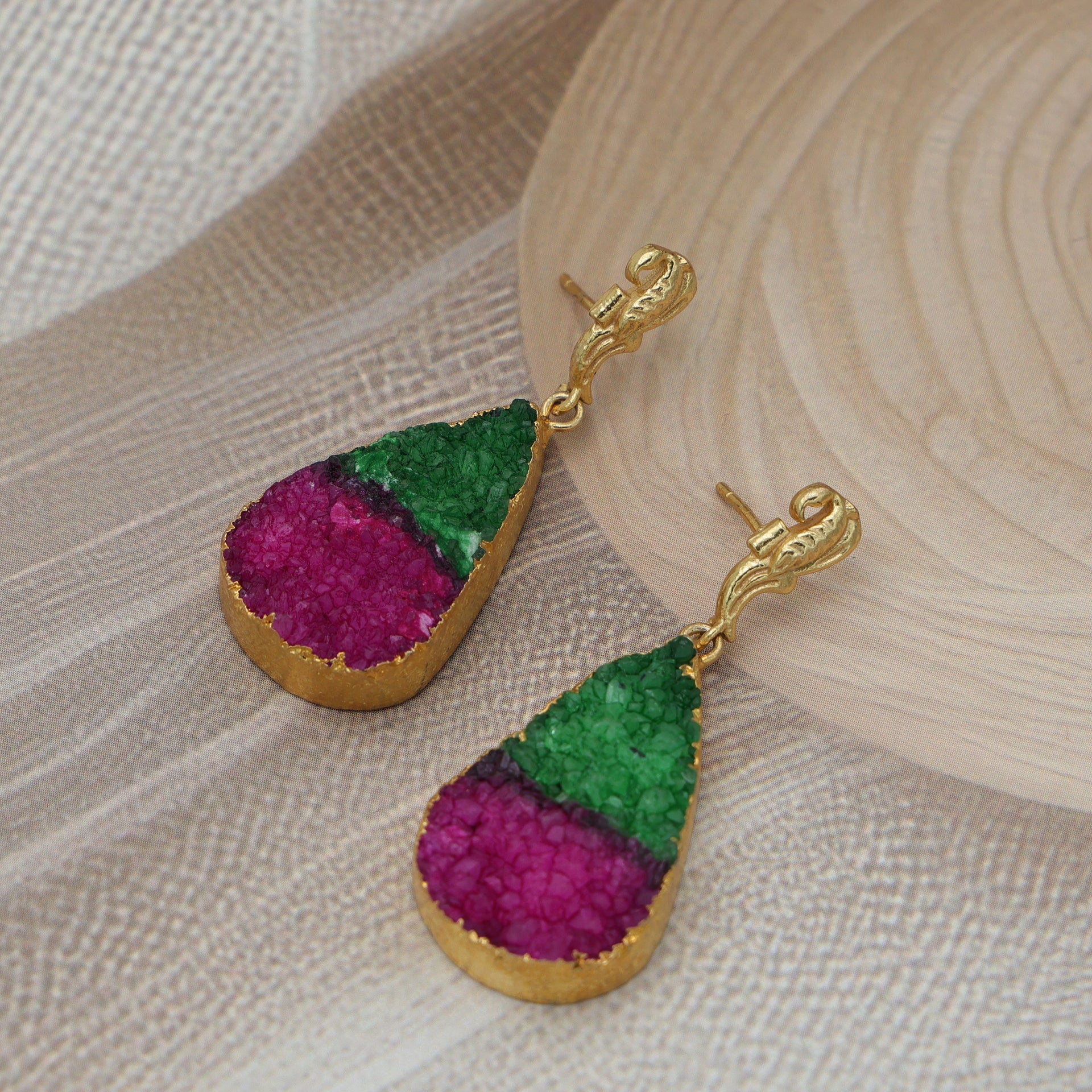 DuaGreenPinkDrusyEarrings_HandcraftedGold-PlatedUniqueJewelry_6