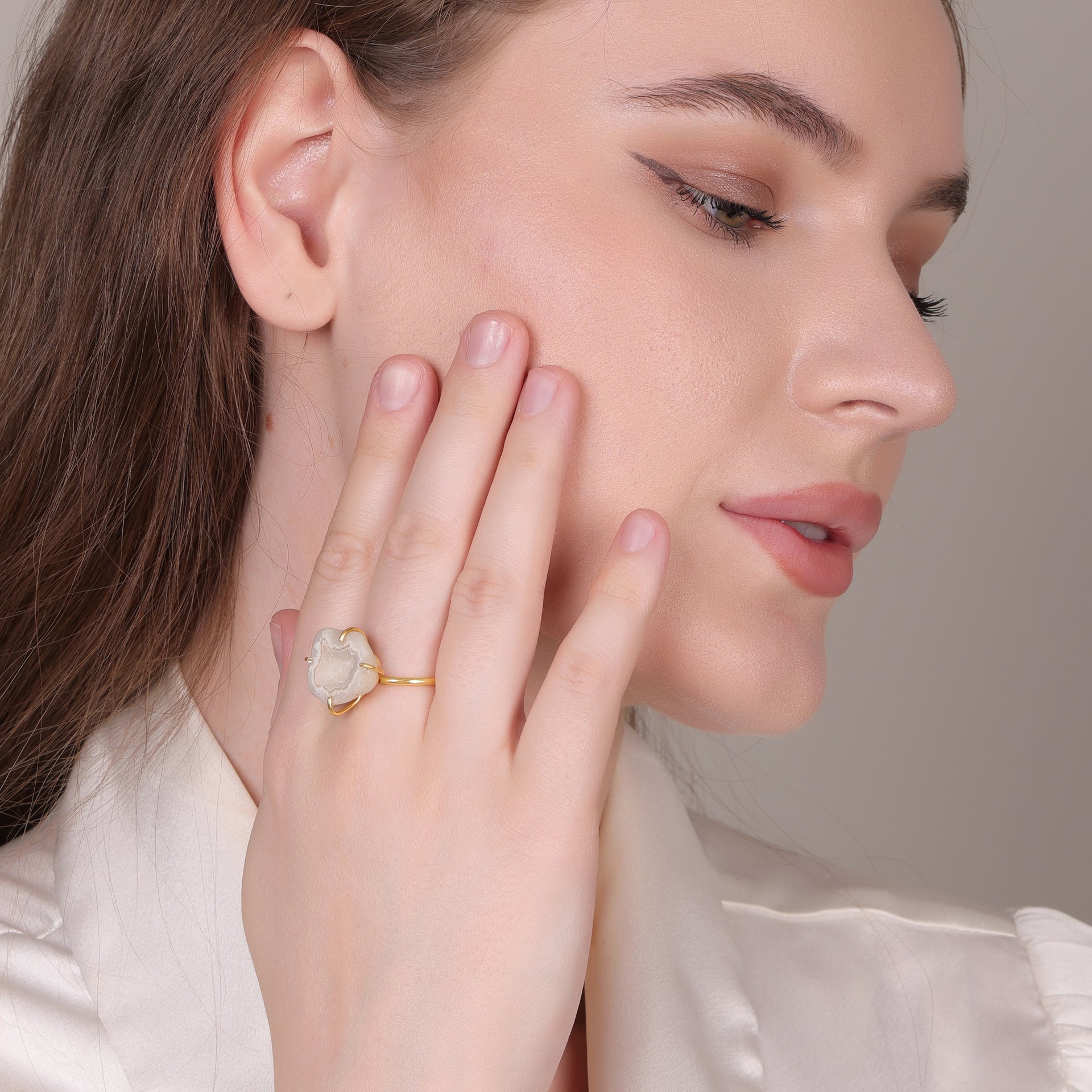 Dua Grey Druzy Gold-Plated Adjustable Ring – Raw Stone Contemporary Jewelry for Women