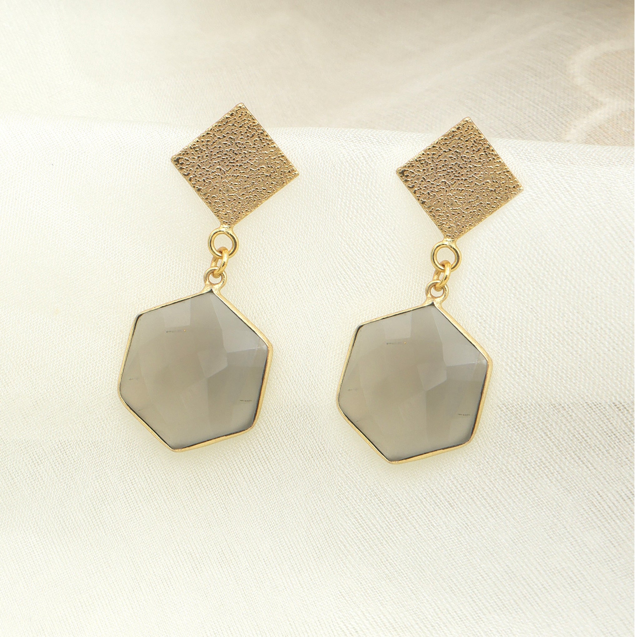Dua Grey Moonstone Dangle Earrings – Chic Handcrafted Gold-Plated Party Jewelry for Women