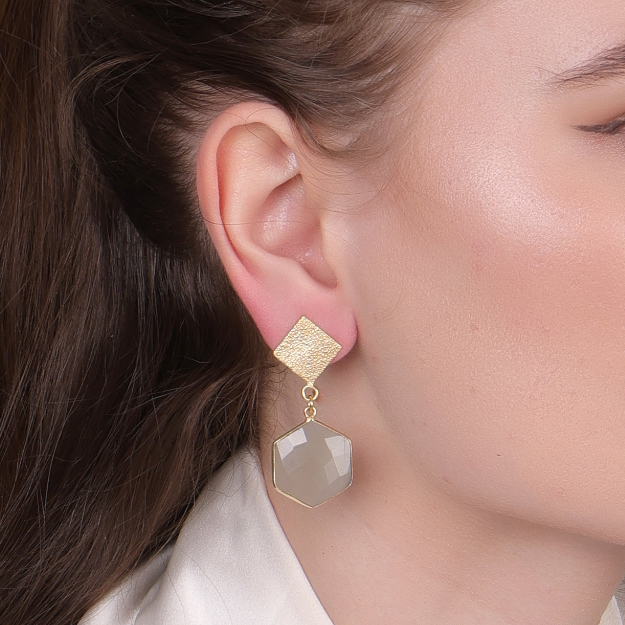 Dua Grey Moonstone Dangle Earrings – Chic Handcrafted Gold-Plated Party Jewelry for Women
