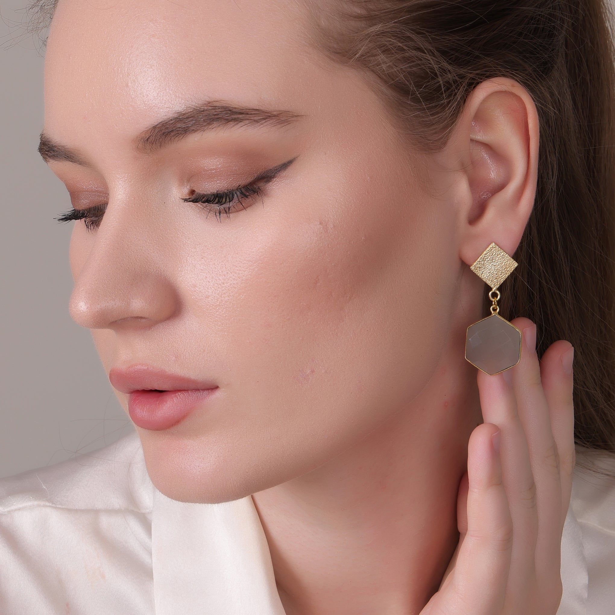 Dua Grey Moonstone Dangle Earrings – Chic Handcrafted Gold-Plated Party Jewelry for Women