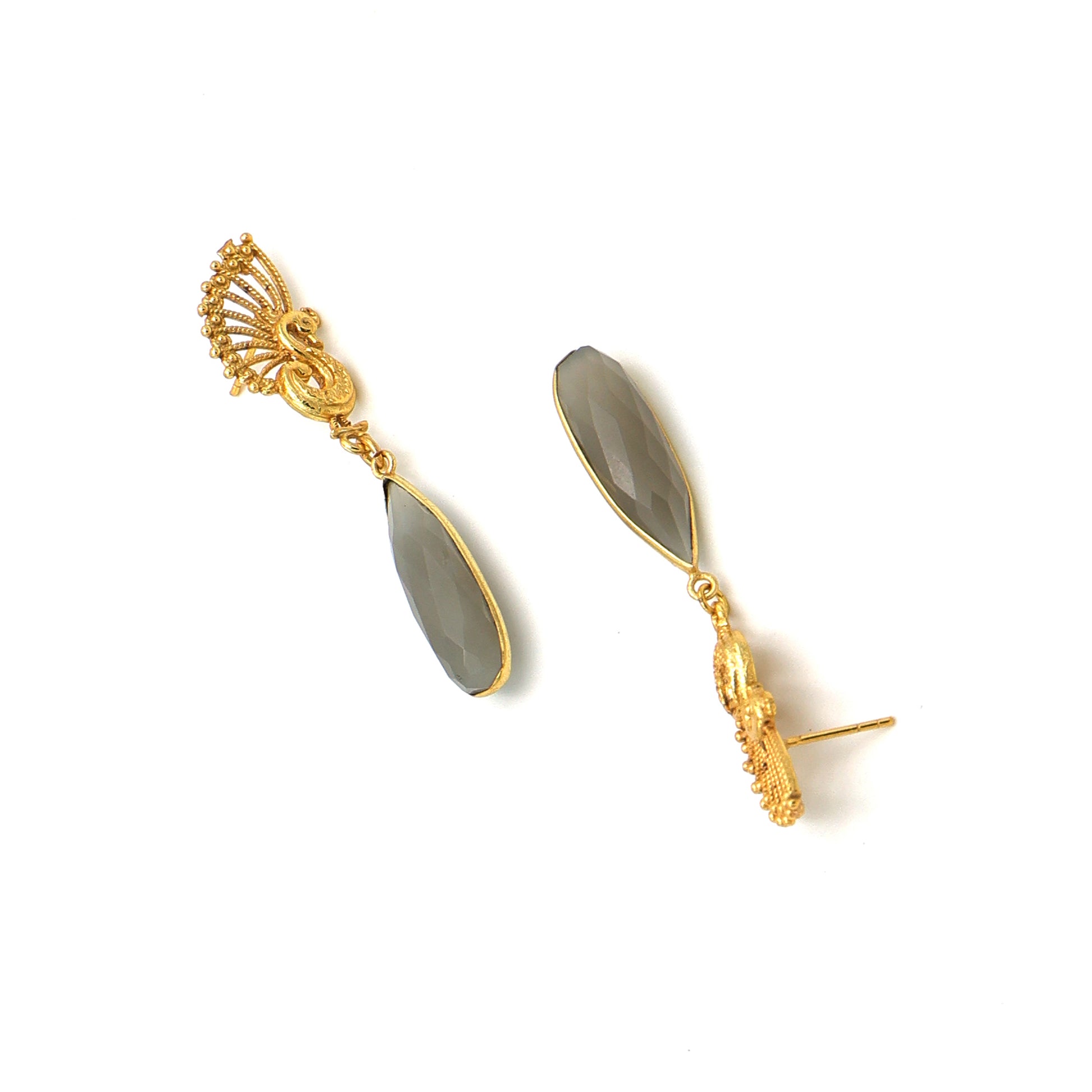 DuaGreyMoonstonePeacockEarrings_HandcraftedGold